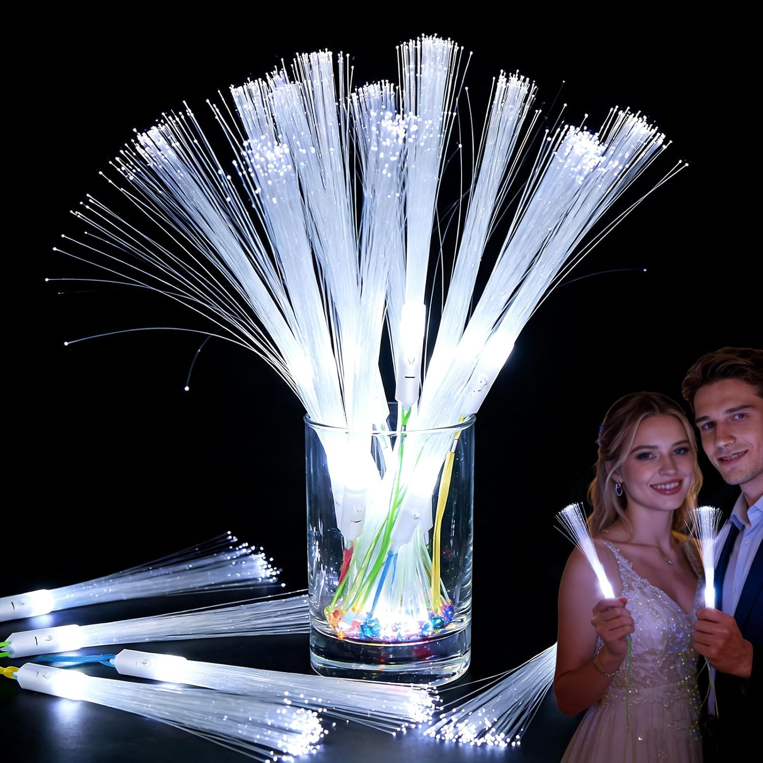 100Pcs White Fiber Optic Wands, Led Cold Sparklers Wedding Send Off Ideas, 3 Flashing Modes Wedding Glow Sticks for Reception, Light up Wands, Fiber Optic Lights for Party Favor