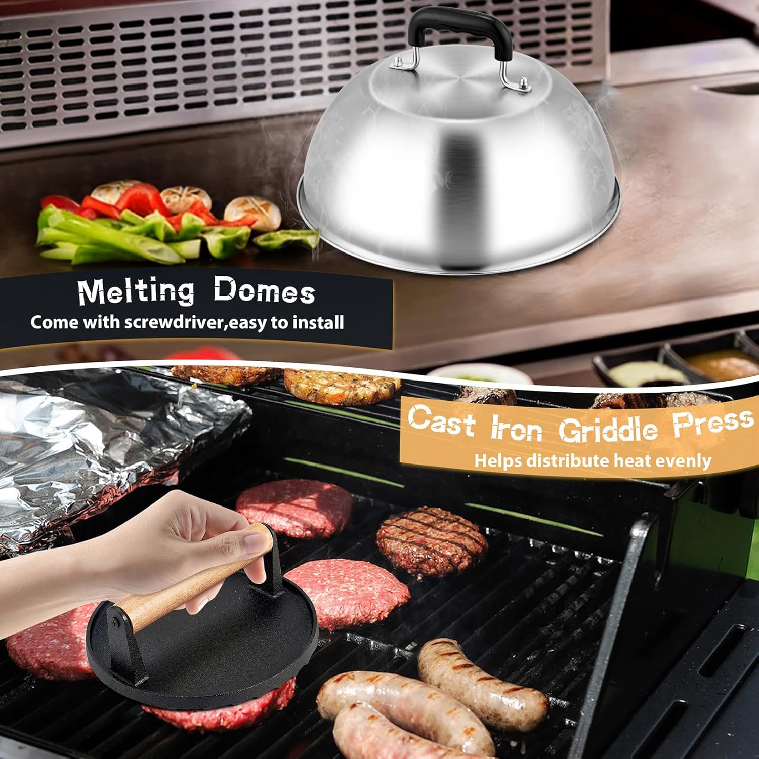 Cheese Melting Dome & Burger Press Kit, Joyfair 12” Basting Cover with Cast Iron Grill Press for Bacon, Griddle Accessories for Outdoor BBQ Flat Top Grilling Teppanyaki Kitchen Steaming (Round)