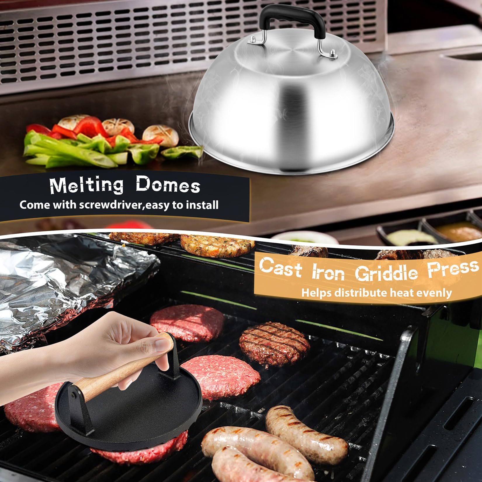 Joyfair 30,5 cm Schmelzkuppel & 17,8 cm Burgerpresse Kit, Backabdeckung mit Gusseisen-Grillpresse für Käse, Burger, Speck, robustes Grillzubehör für Outdoor-Grillen, flache Oberseite,