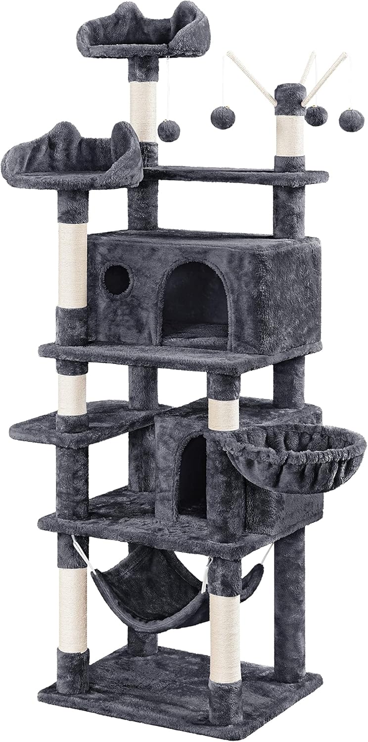 Topeakmart Cat Tree for Indoor Cats, 67in Cat Tower, Multi-Level Cat Play House with Condos & Scratching Posts & Hammock & Basket & Dangling Ball, Dark Gray