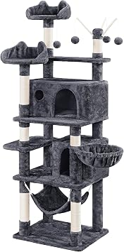 Topeakmart Cat Tree for Indoor Cats, 67in Cat Tower, Multi-Level Cat Play House with Condos & Scratching Posts & Hammock & Basket & Dangling Ball, Dark Gray