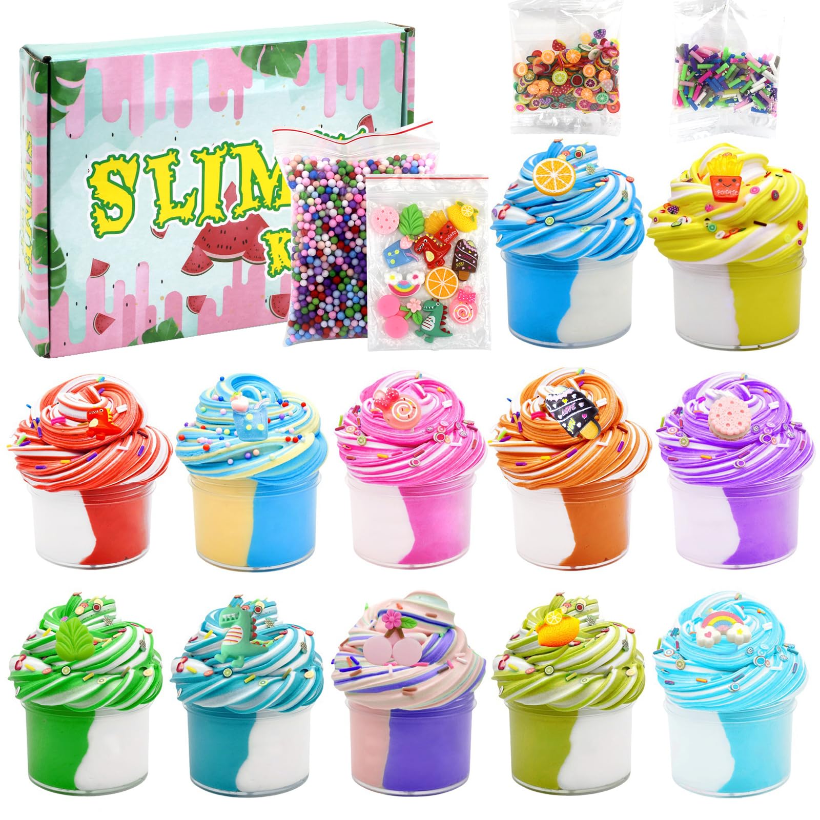 Kit Slime FEMBW – 12 Slimes Bicolores Avec Charms Fun (macaron, Dinosaure, Etc.) – Anti-stress Extensible – Cadeau Anniversaire 5-12 Ans