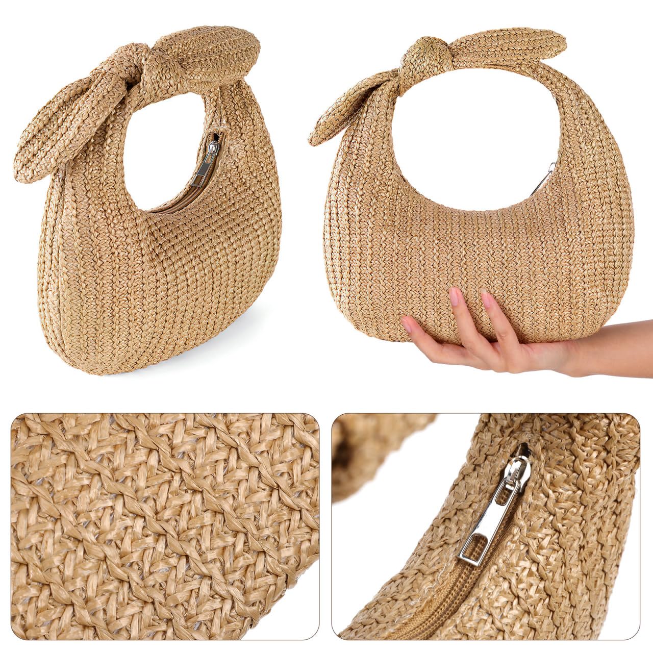 Bolso de mano de paja anudado para mujer, con lazo tejido, para verano, playa, bolso de mano, bolso de mano de noche, bolso de mano para verano, formal, boda, fiesta, beige, 24.00X13.00X5.00CM