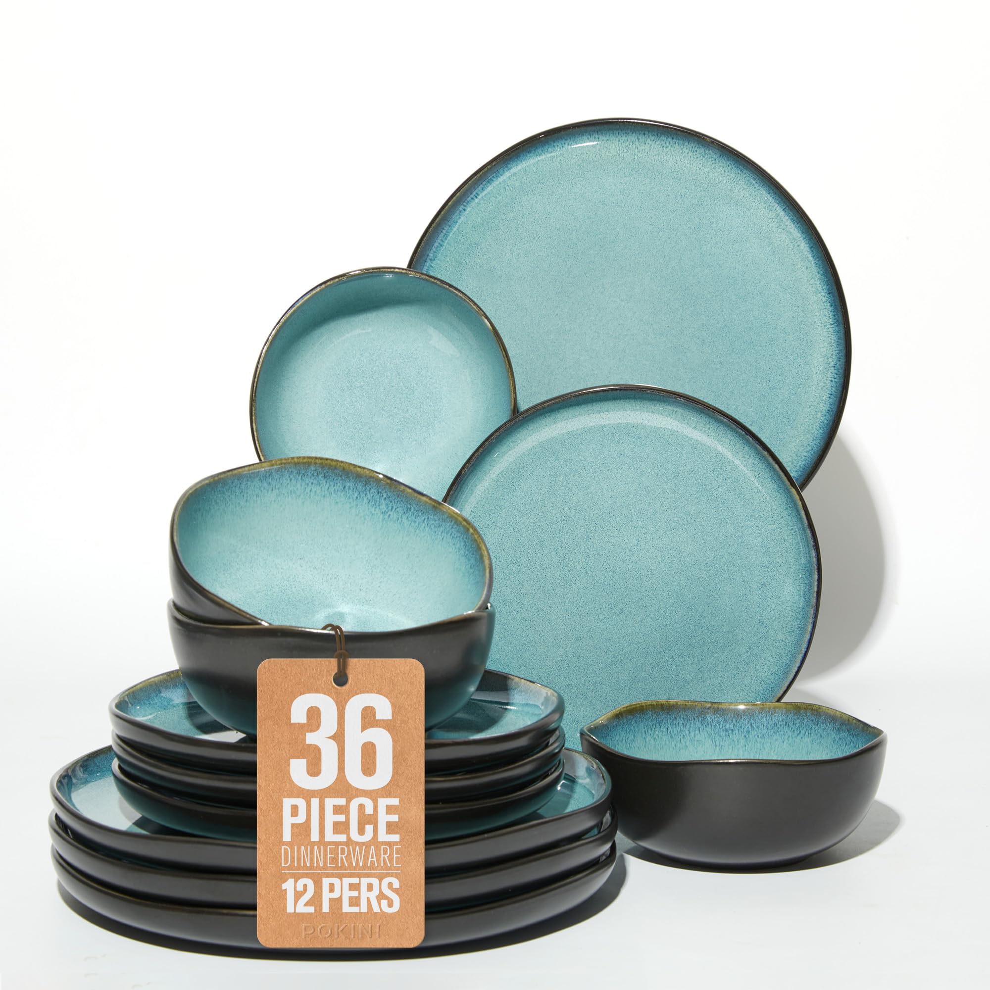Pokini Stoneware Dinnerware Sets for 12, 36Pcs Ceramic Plates and Bowls Set