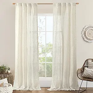 LAMIT Natural Linen Boho Curtains 84 inch Length 2 Panels, Cream Ivory Light Filtering Semi Sheer Panels Back Tab and Rod Pocket Neutral Drapes for Bedroom/Living Room, 34 x 84 Inch