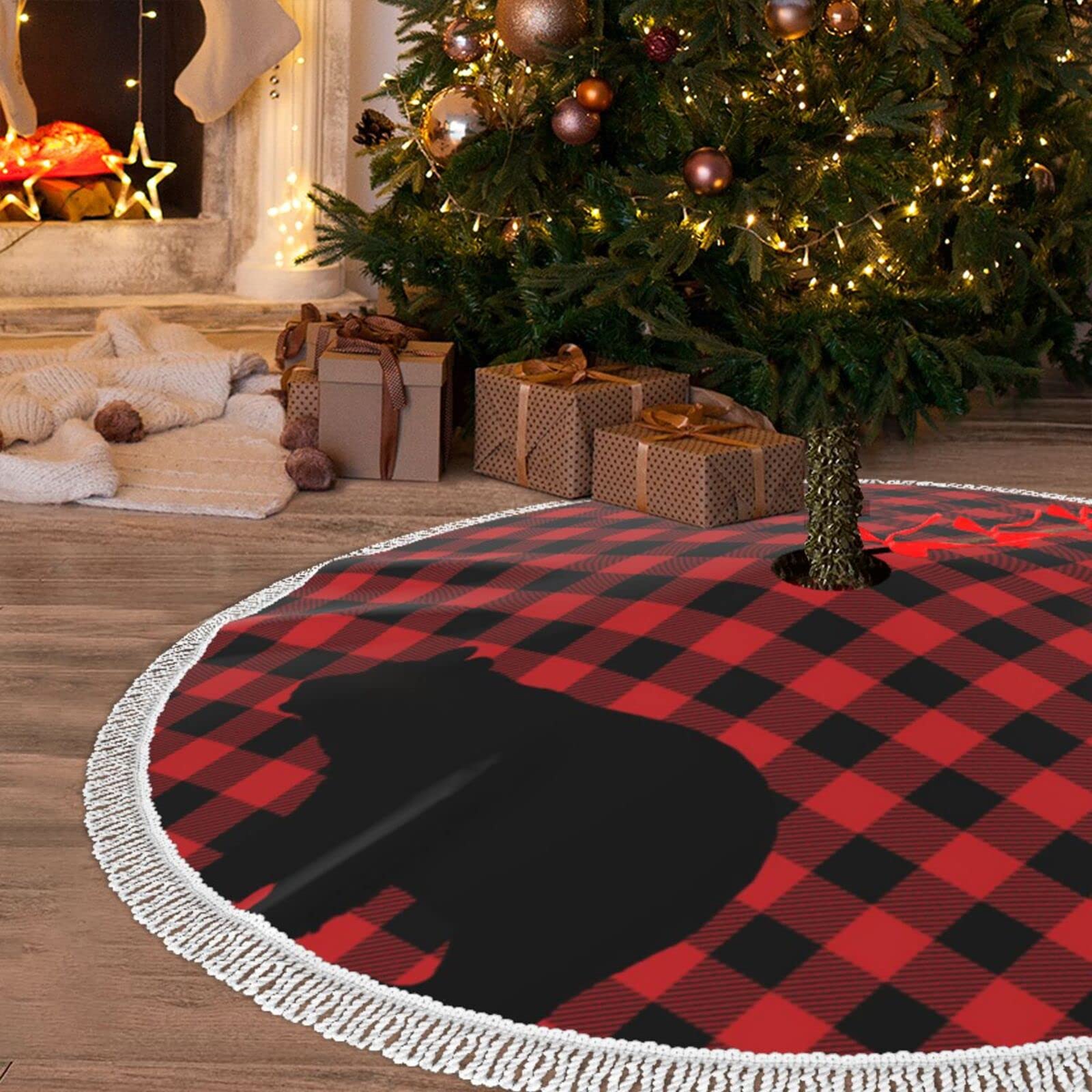 Christmas Tree Skirt Red Plaid Black Bear 48