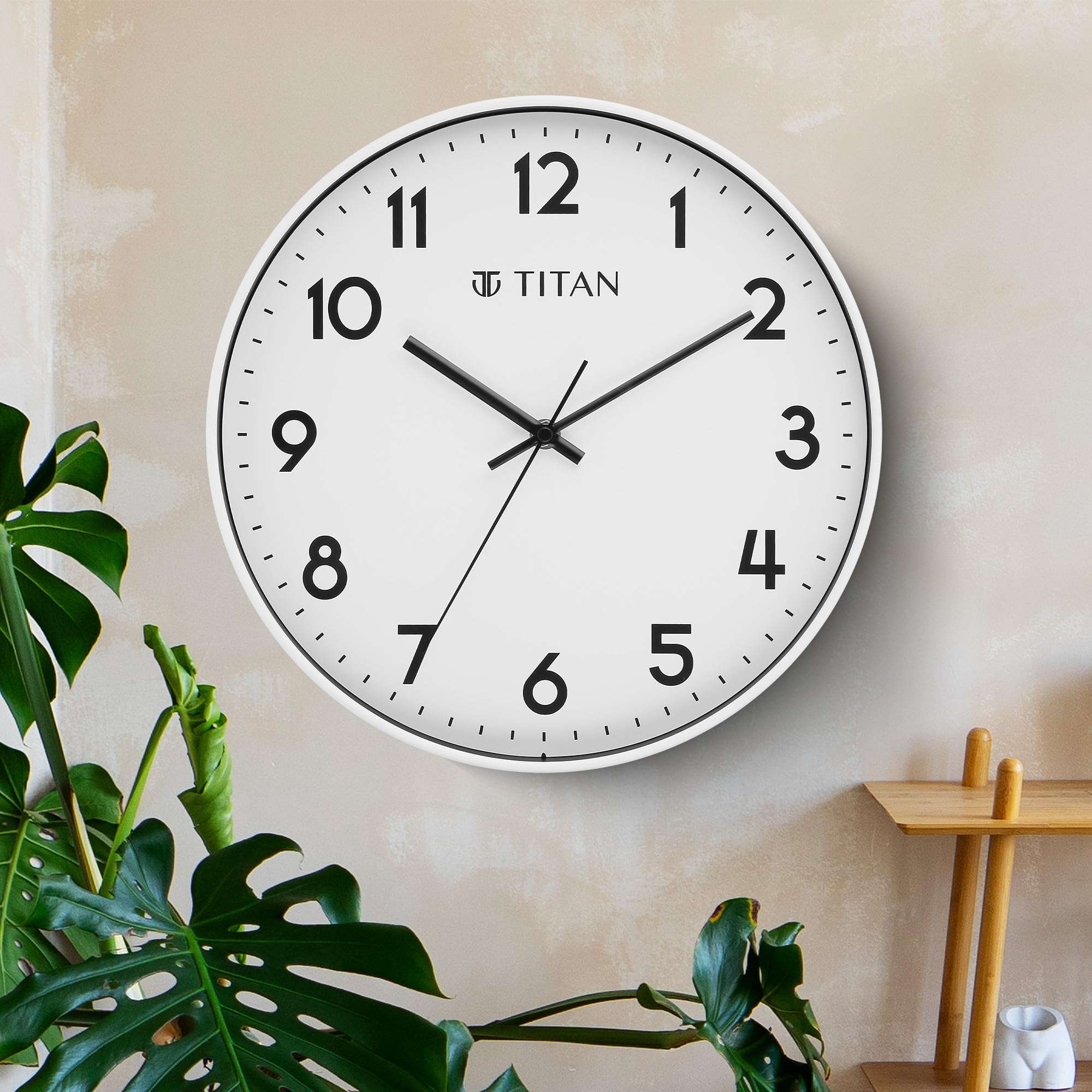 Titan Essence Classic Wall Clock - 30 cm, White Plastic Case & Dial, Silent Sweep Movement, Non-Ticking, Elegant Home Decor, Perfect for Living Room, Office, Bedroom - W0094PA01