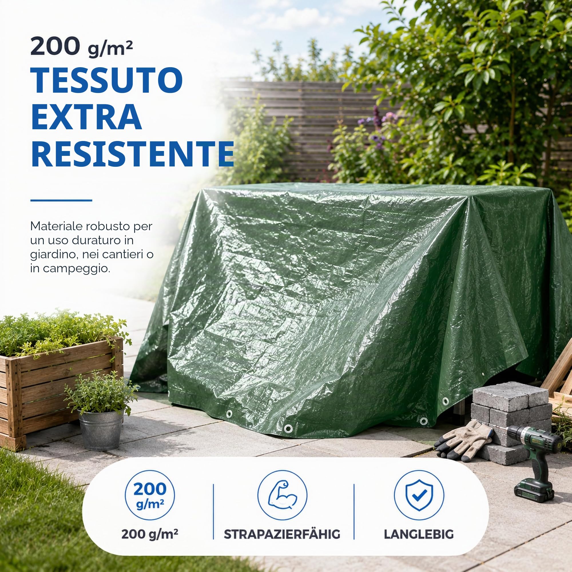 Telone impermeabile, 6 x 10 m, 150 g/m², verde, con occhielli, per tenda da sole, telone per rimorchio da cantiere