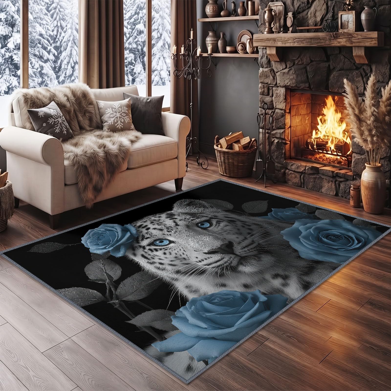 Tapis de Salon Lavable 160 x 230 cm Léopard Blanc Rose Bleue, Tapis Antidérapant à Poils Ras Photographie Animale pour Cuisine Bureau Salle à Manger - Moquette Décoration Intérieure Chambre d'enfant