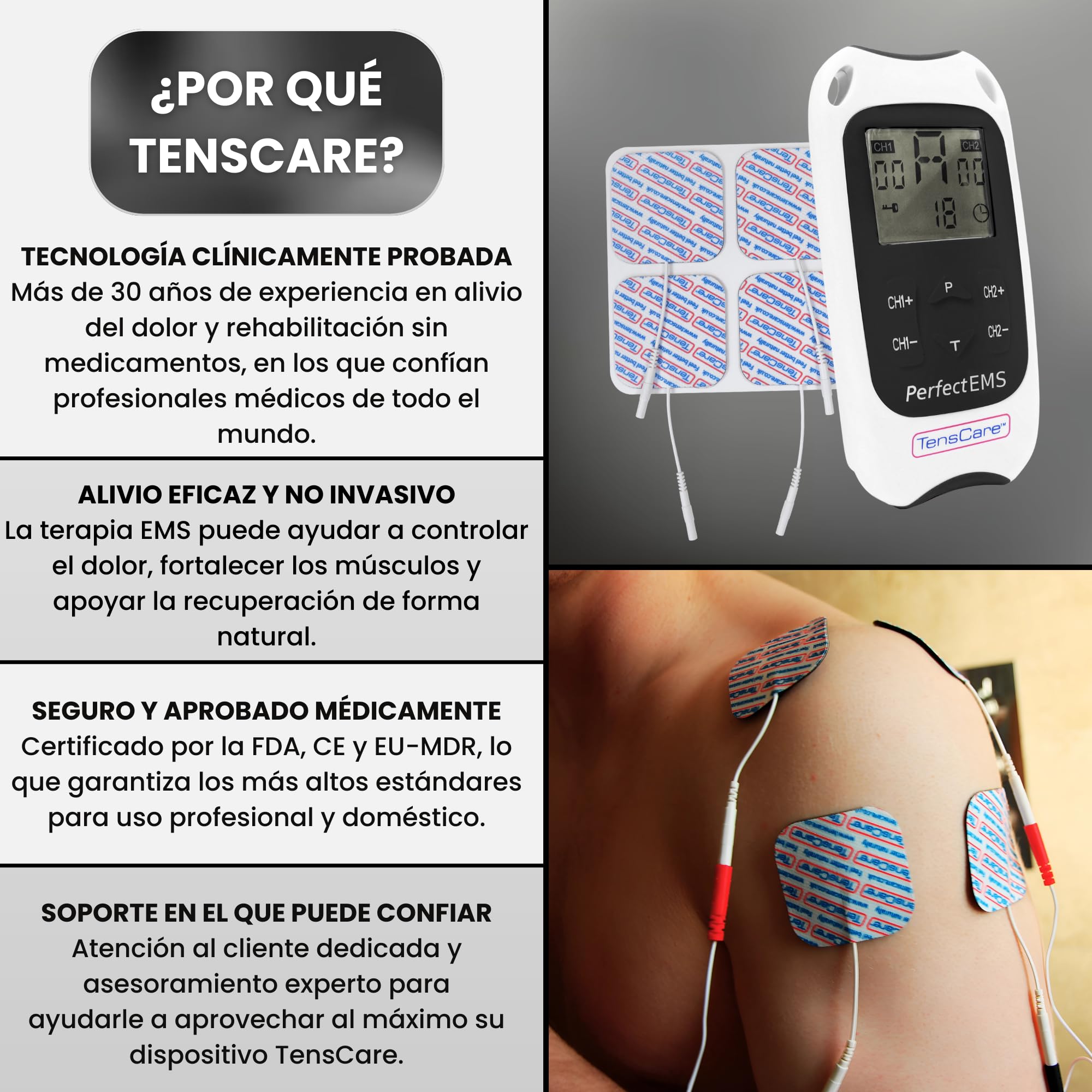 TensCare Perfect EMS Electroestimulador Muscular TENS EMS | Modos TENS y EMS para estimulación muscular, alivio del dolor, tonificación y rehabilitación.