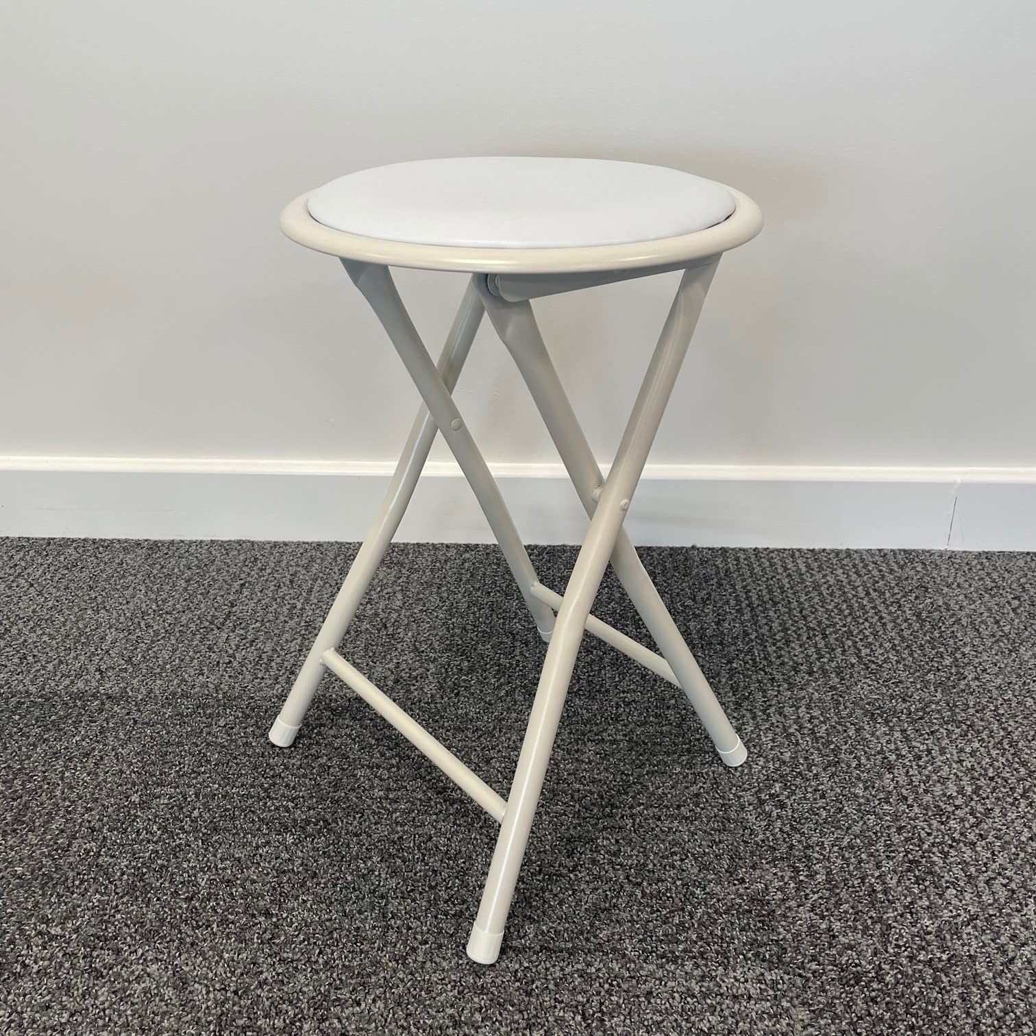 SuperGift.com Round Compact Padded Folding Stool Chair For Breakfast, Office Stool, Folding Kitchen Stool, Desk Stool, Foldable Bar Stools (White)