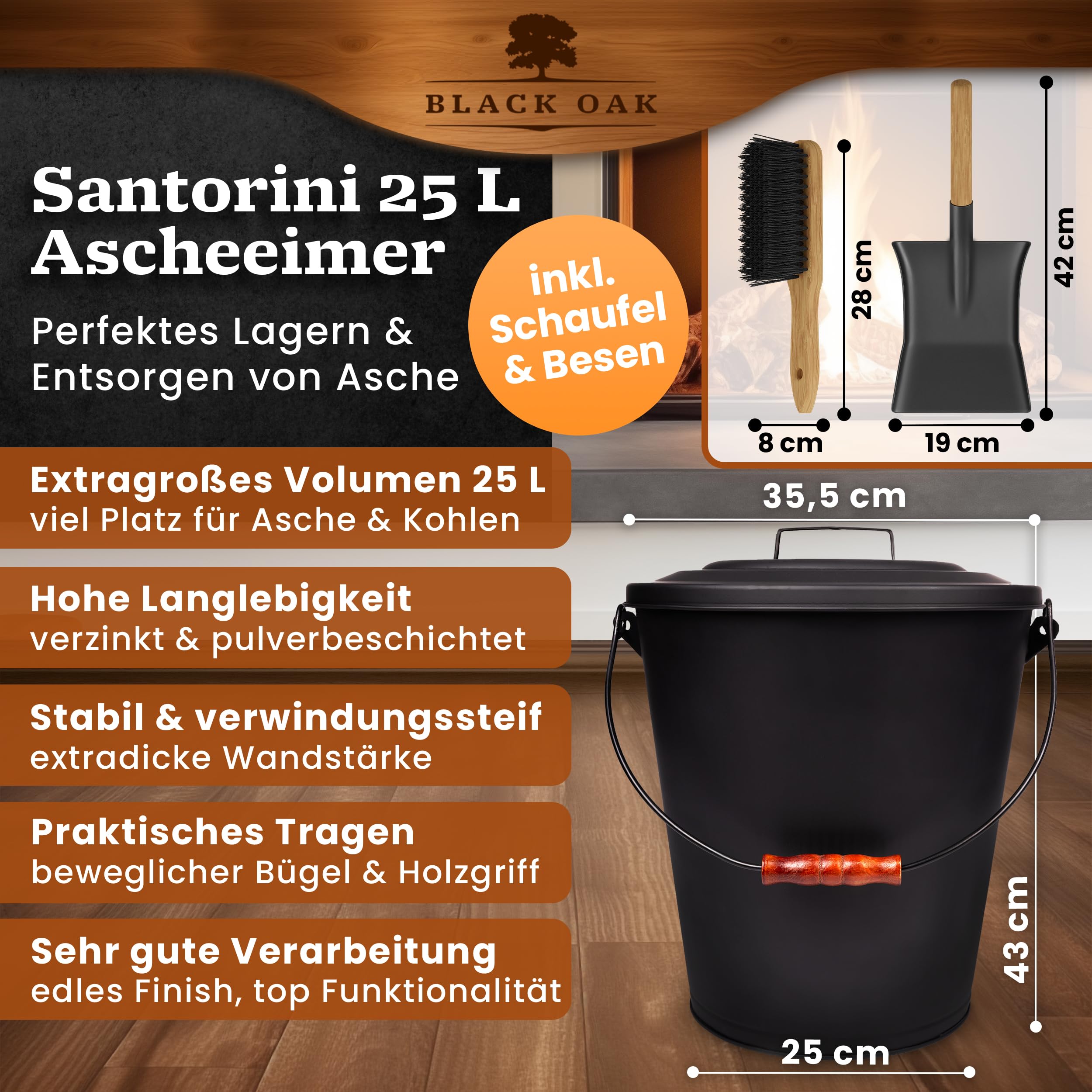 BLACK OAK Cubo de ceniza Santorini de 25 l, juego de pala y escoba grande, 25 litros, negro, redondo, con tapa de acero, resistente al fuego, galvanizado y recubrimiento en polvo, para cenizas y