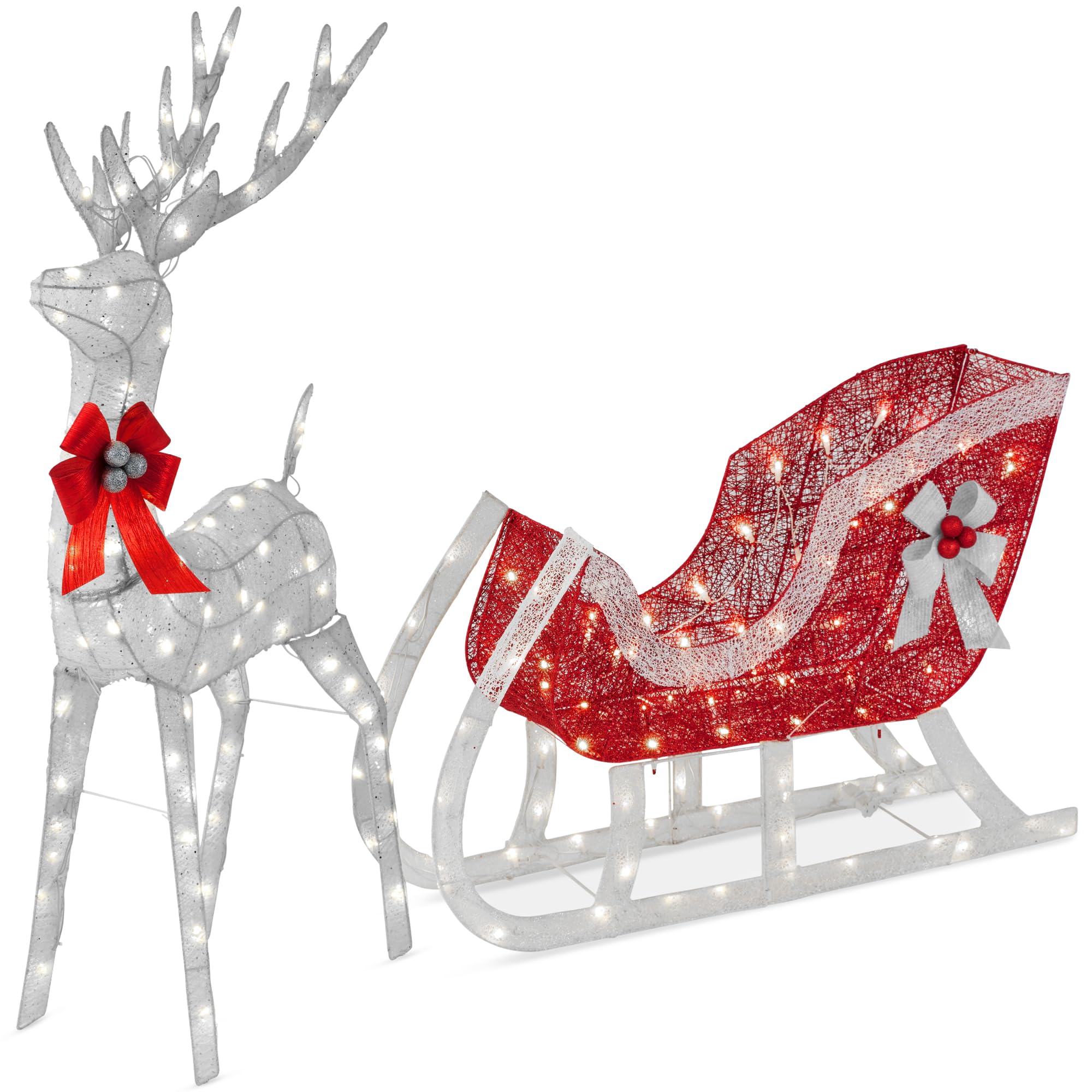 Best Choice Products Lighted Christmas 4ft Reindeer & Sleigh Outdoor Yard Decoration Set w/ 205 LED Lights, Stakes, Zip Ties - Silver