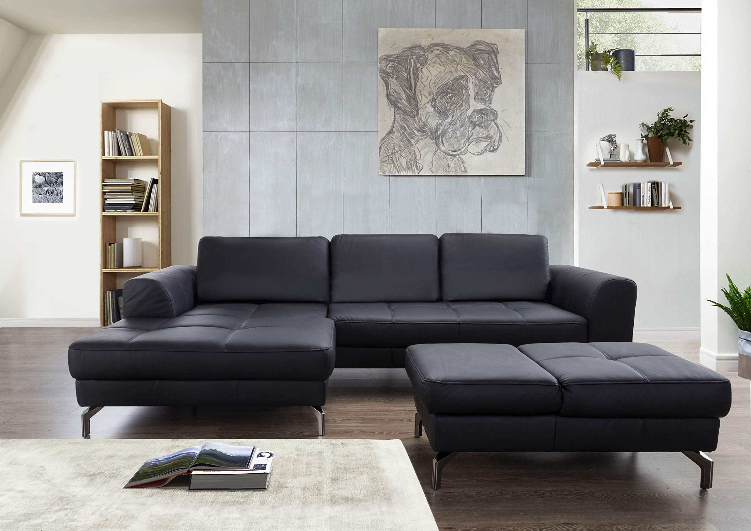 CAVADORE Ledergarnitur Benda / Großes Ecksofa mit XL-Longchair links & Federkern / Inkl. Sitztiefenverstellung / 284 x 87 x 175 / Echtleder: schwarz