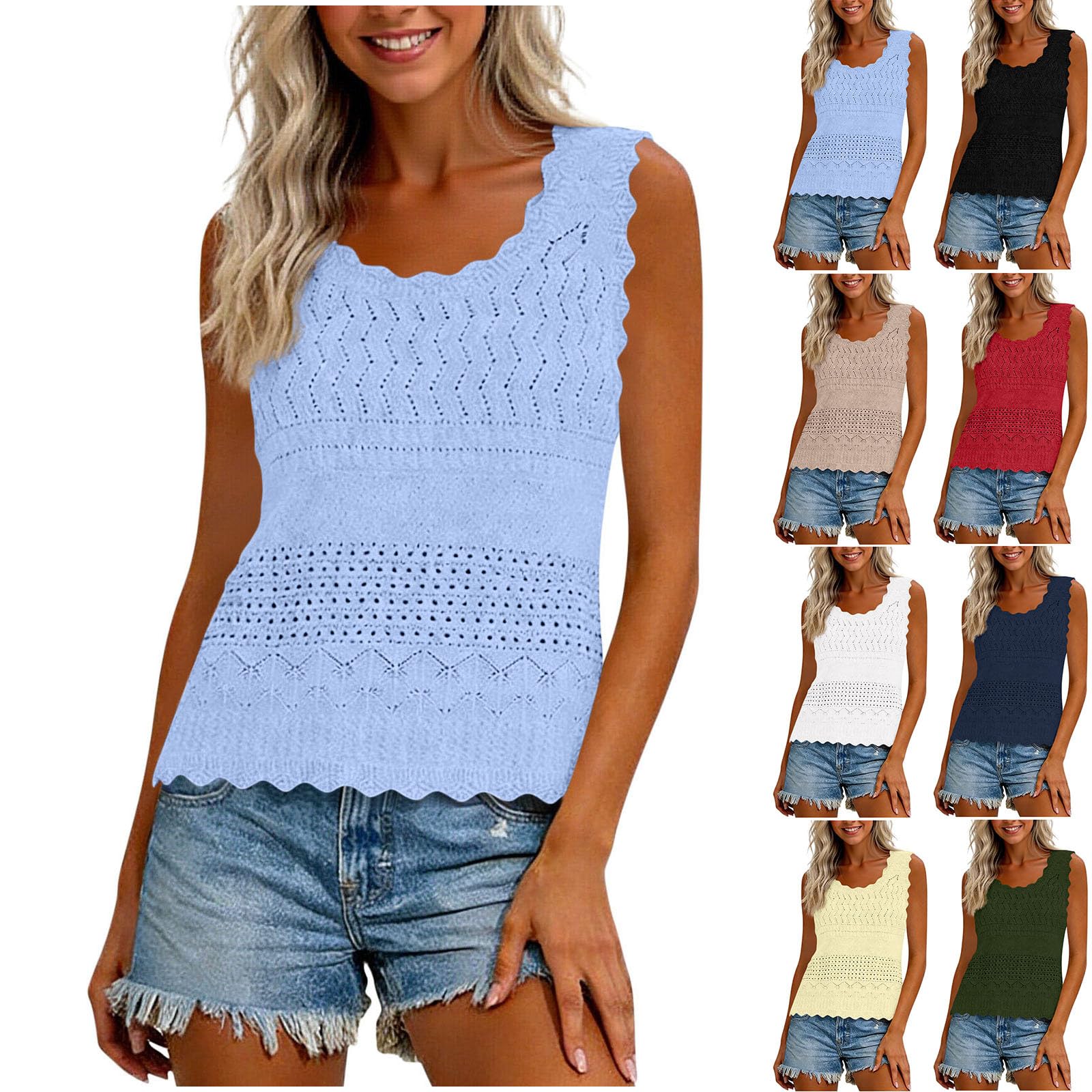 Debardeur Femme Été Caraco Dentelle Débardeur Chic et Élégant Camisole Oeillet Broderie Tank Tops Respirant Crop Top Sexy Gilets sans Manches Hauts Boho Tunique Décontracté Haut Lâche Mode Vêtements