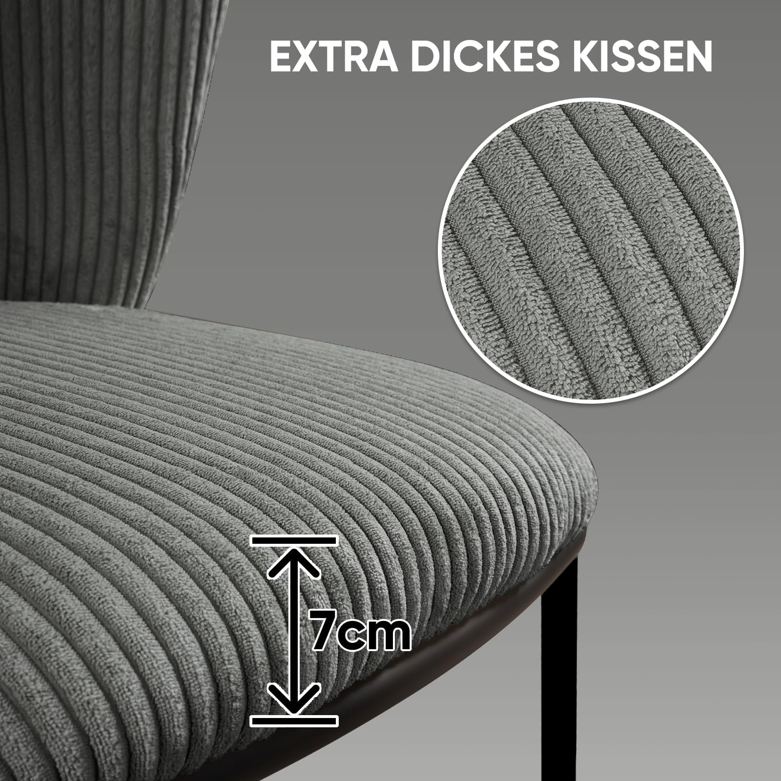Esszimmerstühle 2er Set, Esstischstühle mit Cordbezug und Metallbeinen, ergonomische Küchenstühle armlehnlos für Esszimmer & Küche, Bequeme Stühle mit Schaumstoffpolsterung-Grau