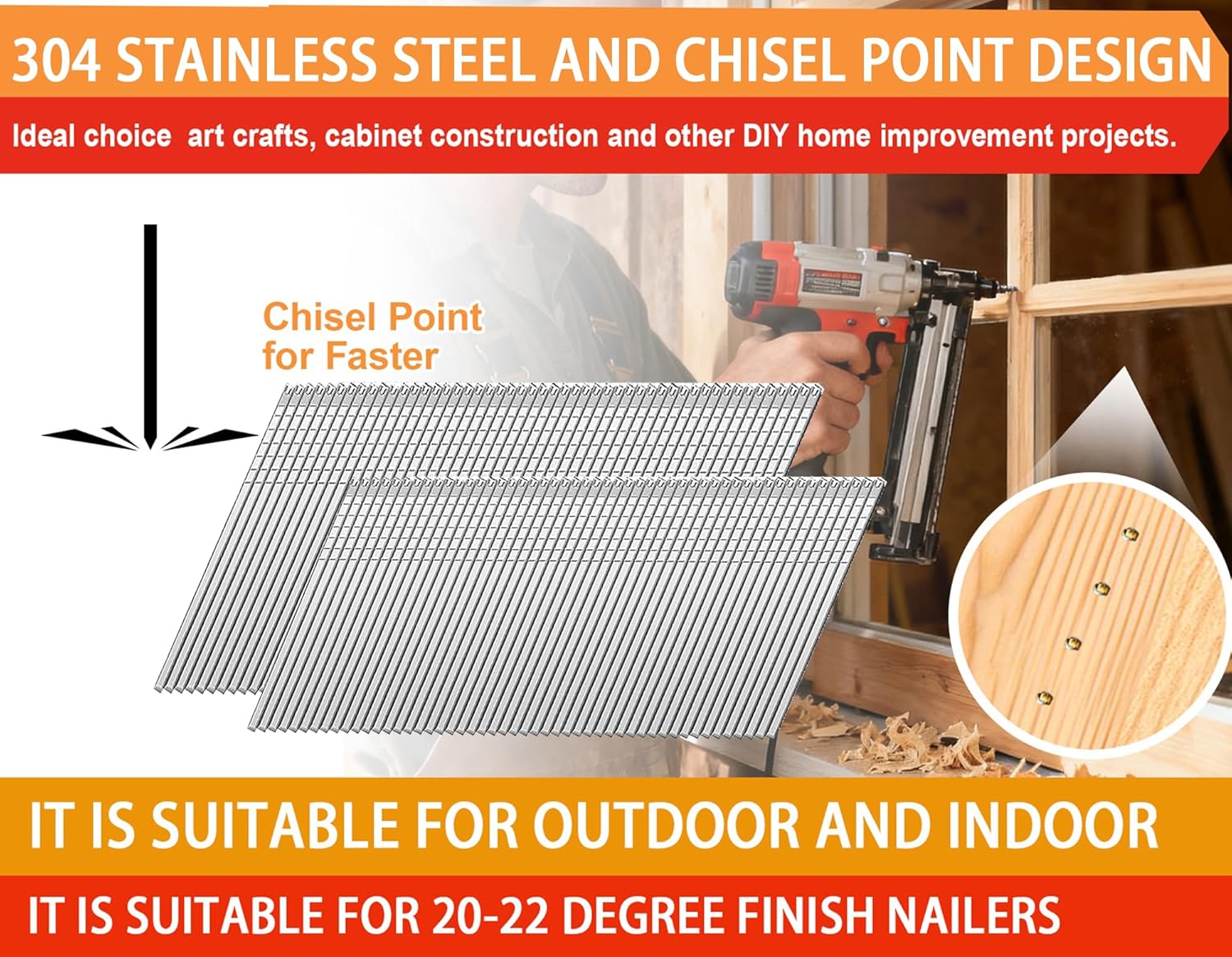 16 Gauge 304 Stainless Steel Angled Finish Nails,20-Degree,for 20 to 22 Degree of Pneumatic,Electric Angled Finish Nailer(2-1/2", 2",1-3/4",1-1/2",1-1/4",3000-Pack)