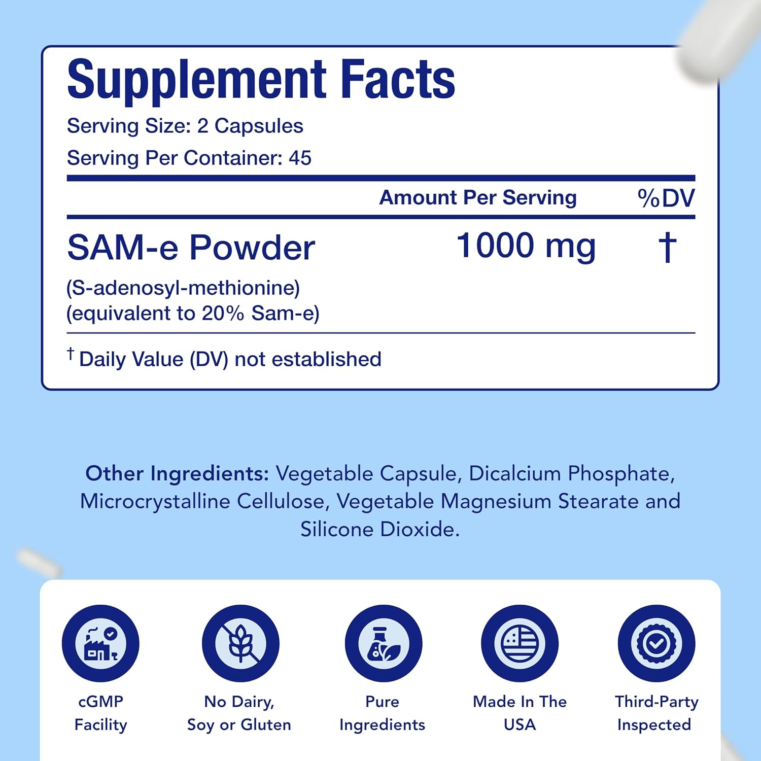 Extra Strength SAM-e Supplement | Same S-Adenosyl-L-Methionine 1000mg per Serving for Bone and Mood Support Supplement | Made in The USA Non-GMO and Gluten Free (45 Day Supply) (Single) - Image 8