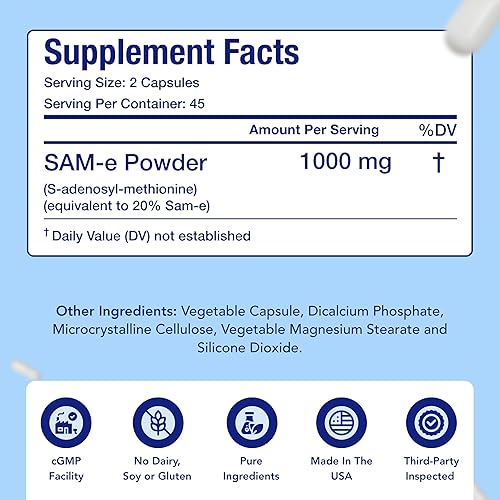 Miniatura 8 de Suplemento SAM-e extra fuerte El mismo S-adenosil-L-metionina 1000 mg por porción para suplemento de apoyo óseo y estado de ánimo, fabricado