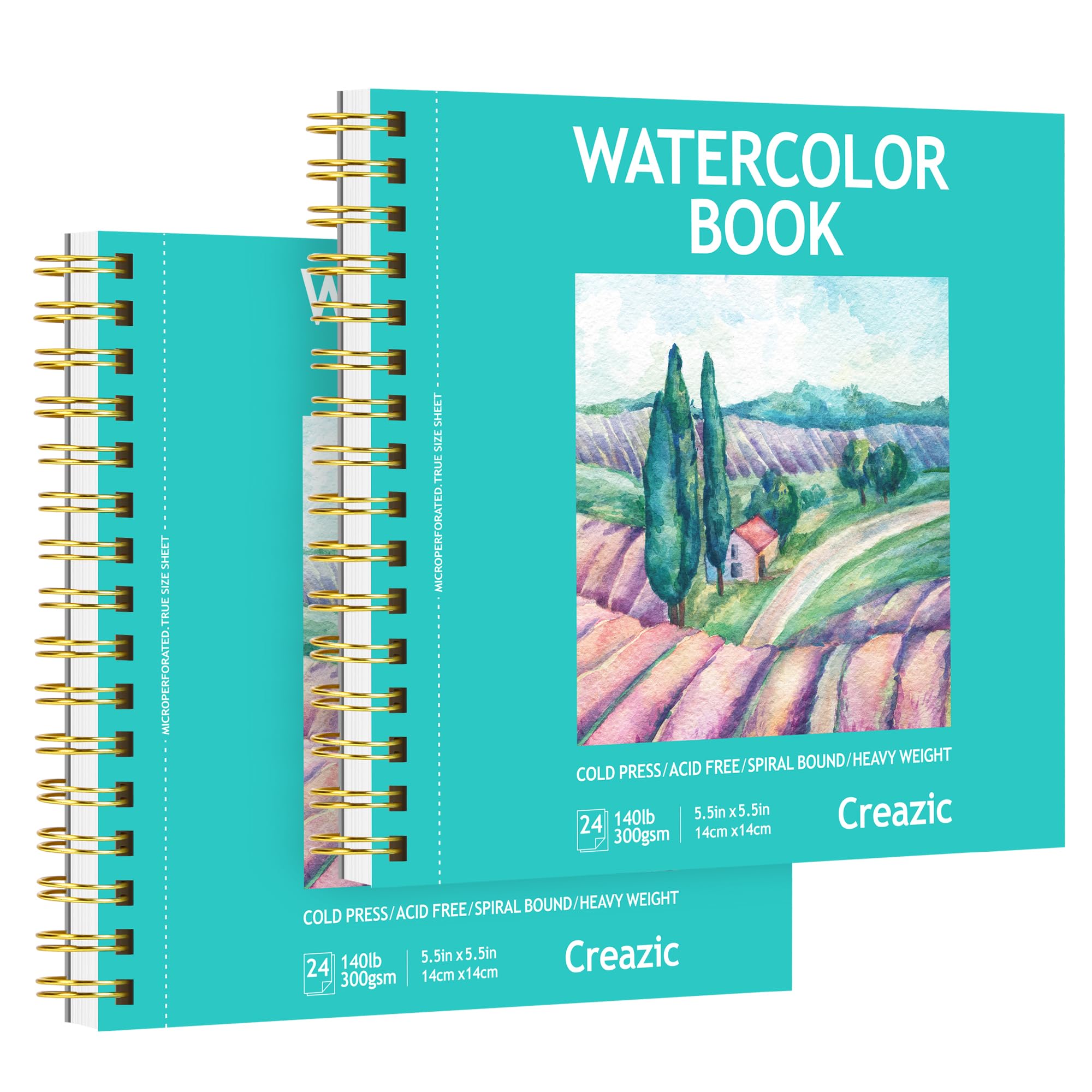 Creazic Paquete de 2 cuadernos de bocetos cuadrados de acuarela de 5.5 x 5.5 pulgadas (140 libras/300 g) | Papel de artista premium, encuadernado en espiral y microperforado, bloc de viaje portátil