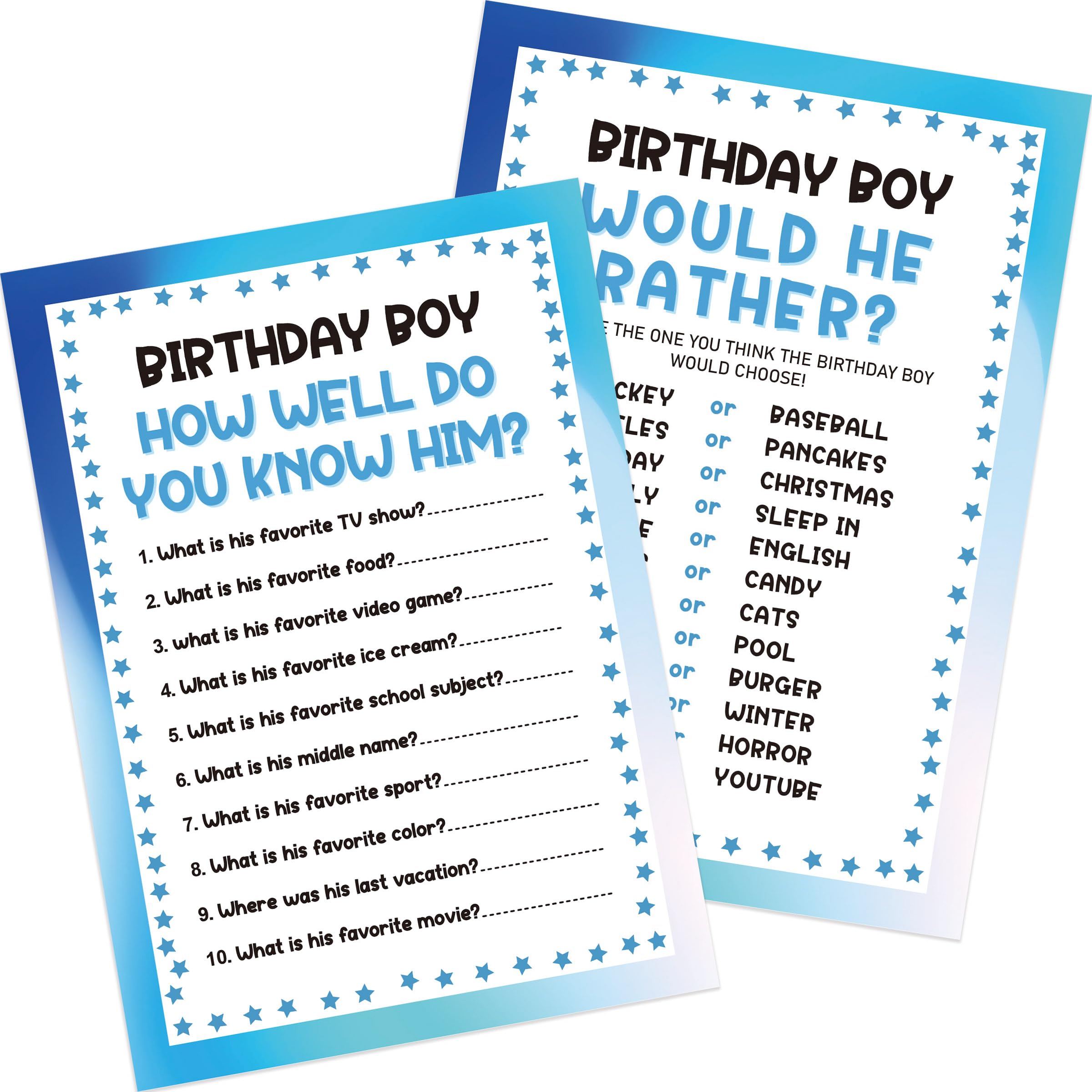 How Well Do You Know the Birthday Guy, Would He Rather, 2 Sides Printed Birthday Party Game-Set of 30, Questionnaire Cards, Bday Party Ideas-WKBB04