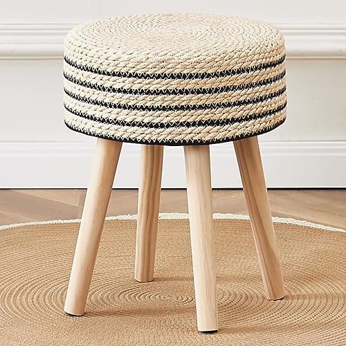 Cpintltr Taburete otomano redondo de hierba marina natural, puf otomano con patas de madera maciza, reposapiés de jacinto tejido a mano, taburete