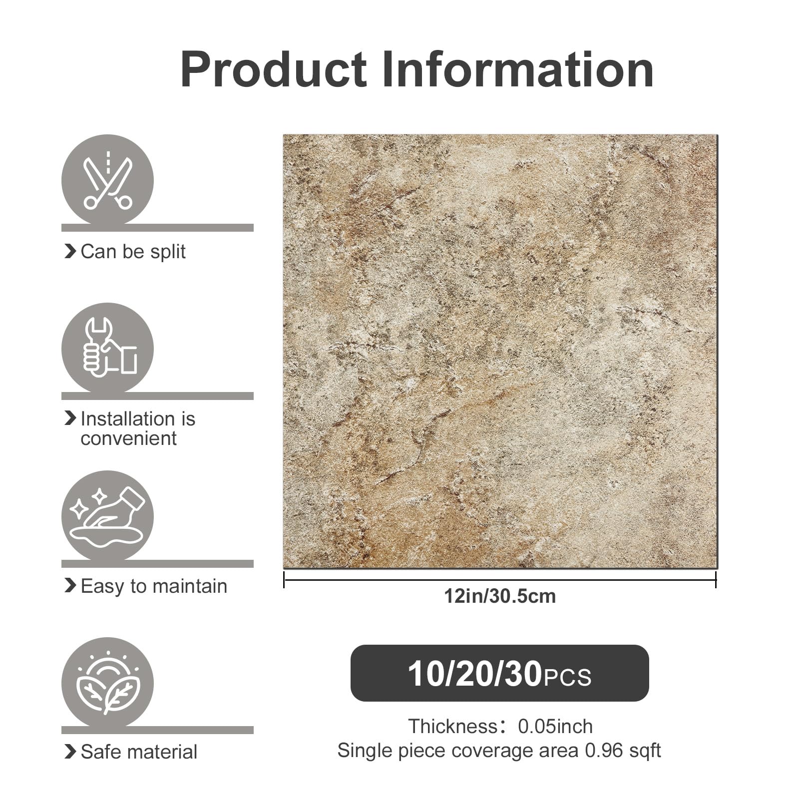 Piastrelle autoadesive per pavimenti in vinile, 30,5 x 30,5 cm, effetto plank-look, piastrelle per pavimenti fai da te, per cucina, bagno, lavanderia, camper, granito, 10 piastrelle