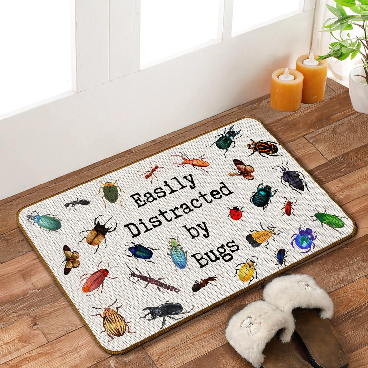 Funny Insect Doormat, Easily Distracted by Bugs Nature Door Mat for Inside Outside Entrance Porch, Entomology Bug Gifts Welcome Mats for Front Door, 17x30 Inches