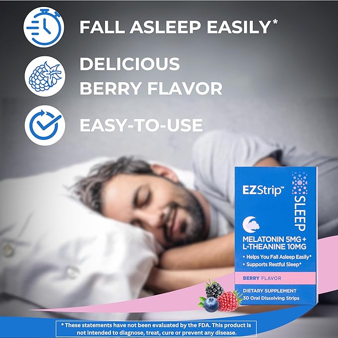 Sleep Aid Supplement - Berry Flavor, 30 Count - Dissolving Sleep Strips with Melatonin and L Theanine for Support with Falling Asleep - Made in The USA, Sugar and Gluten-Free