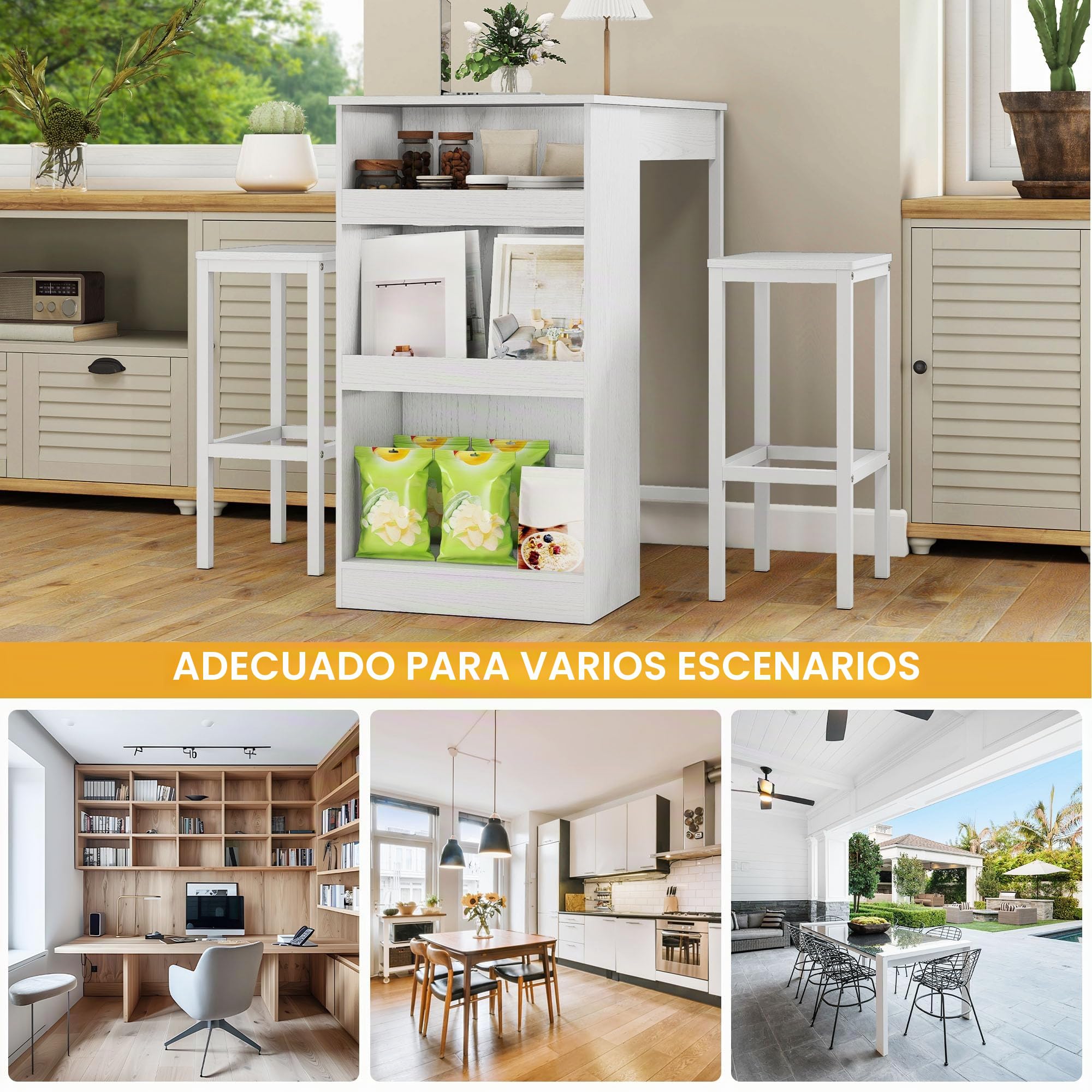 DWVO Barra de Desayuno, Mesa de Bar con 2 taburetes y Estante de Almacenamiento, Juego de Mesa de Bar de Estilo Industrial para Cocina, Comedor, Pub, Color Blanco | Juego de barra de desayuno, estante de almacenamiento para cocina, comedor, pub, marco de