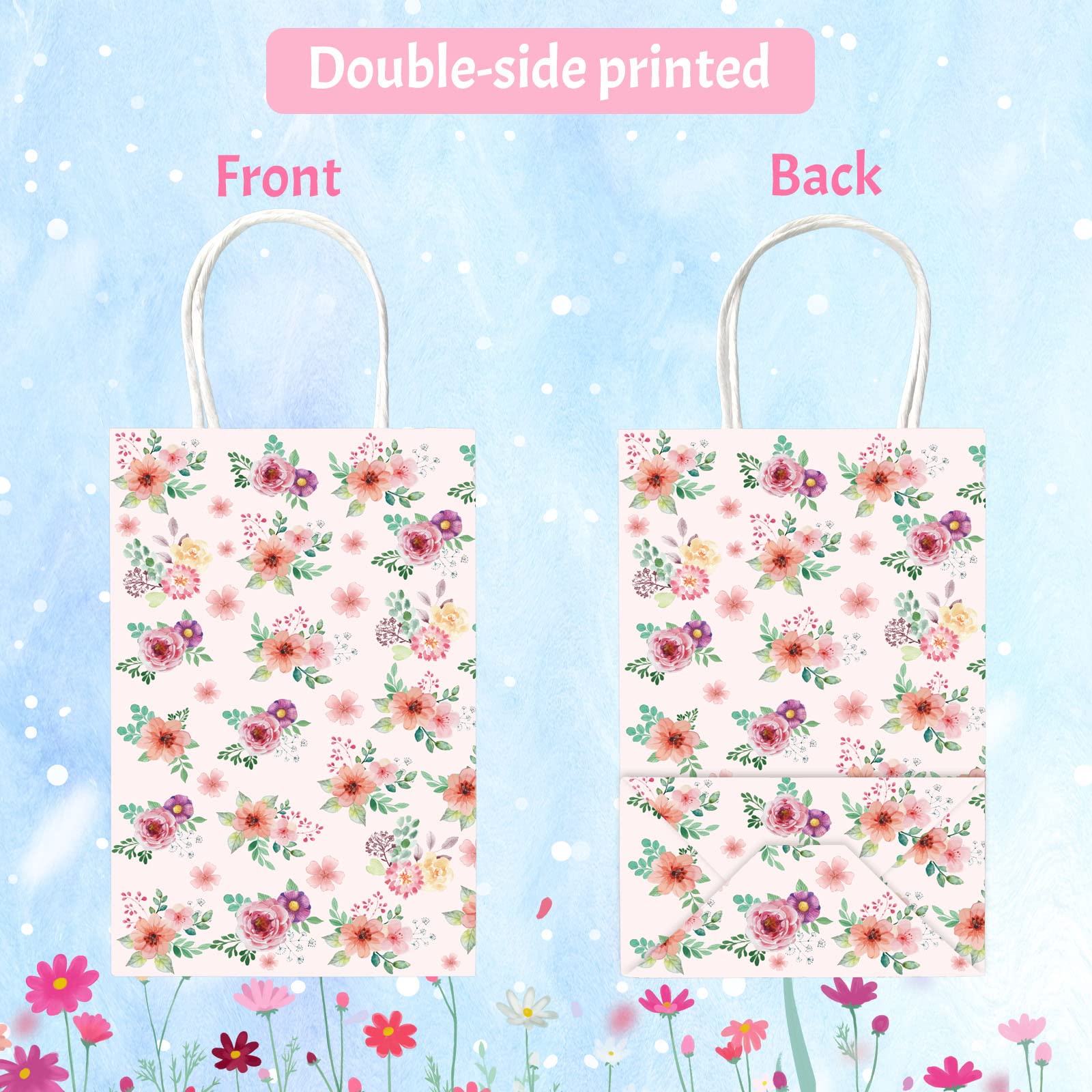 Fancy Land Floral Gift Bags with Handles Spring Paper Party Favor Bag for Wedding Birthday Bridal Baby Shower 24 Pack