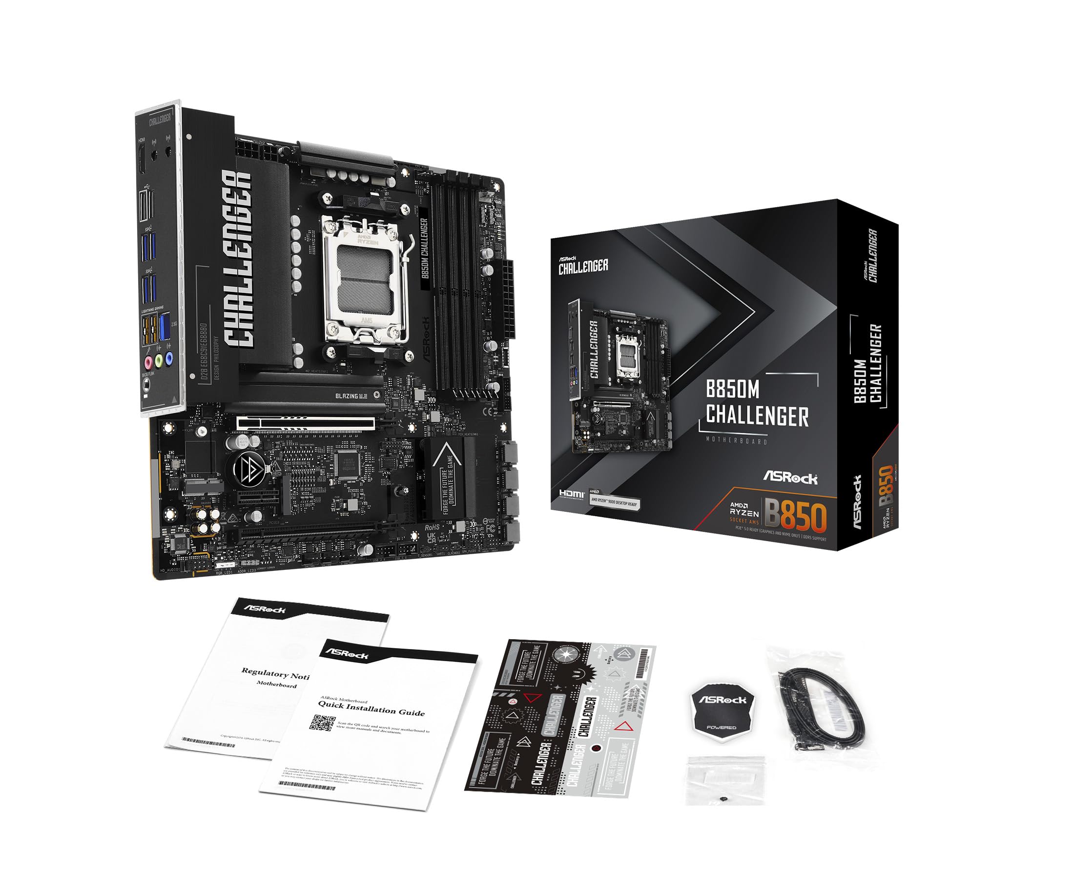ASRock B850M Challenger Socket AM5 Micro-ATX Motherboard, B850, Supports AMD Ryzen 9000/8000/7000 Series, DDR5 8000+(OC), PCIe 5.0, 2.5G LAN, Lightning Gaming Ports