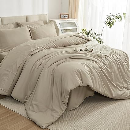 Litanika Comforter Queen Size Set Khaki - 7 Pieces Bed in a Bag Queen Bedding Comforter Sets, Plain Lightweight Bed Set with Comforter, Sheets, Pillowcases & Shams