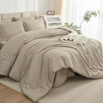 Litanika Comforter Queen Size Set Khaki - 7 Pieces Bed in a Bag Queen Bedding Comforter Sets, Plain Lightweight Bed Set with Comforter, Sheets, Pillowcases & Shams