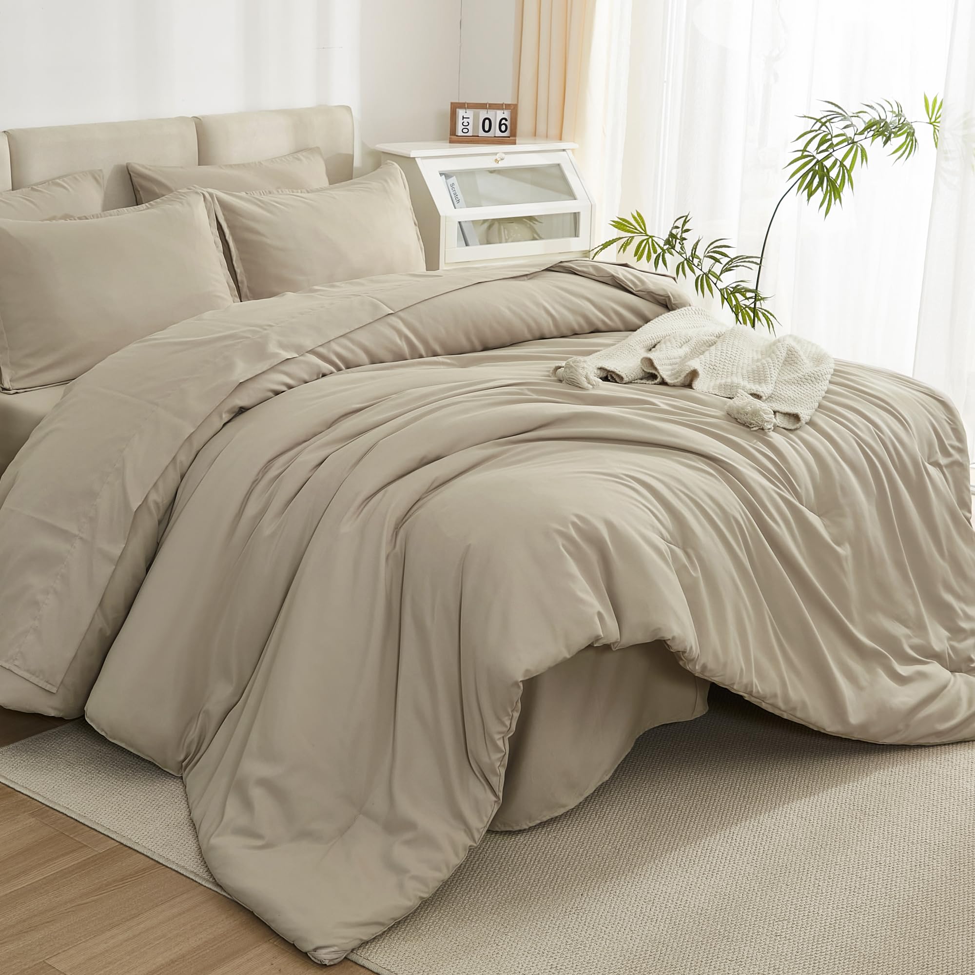 Litanika Comforter King Size Set Khaki - 7 Pieces Bed in a Bag King Beddding Comforter Sets, Plain Lightweight Bed Set with Comforter, Sheets, Pillowcases & Shams