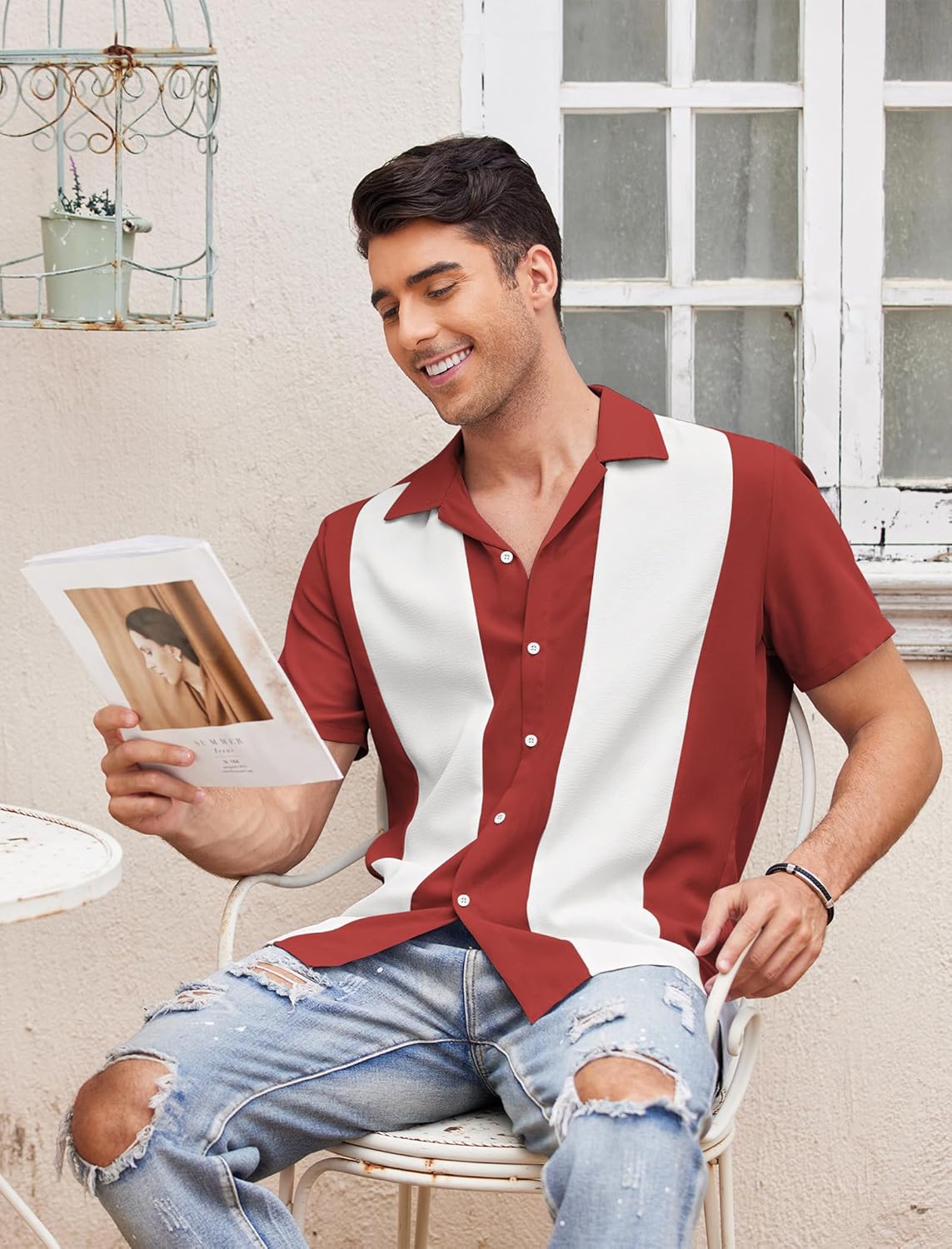 COOFANDY Men's Retro Bowling Shirts Casual Button Down Shirts Beach Wear Clothing Wine Red White - Image 3