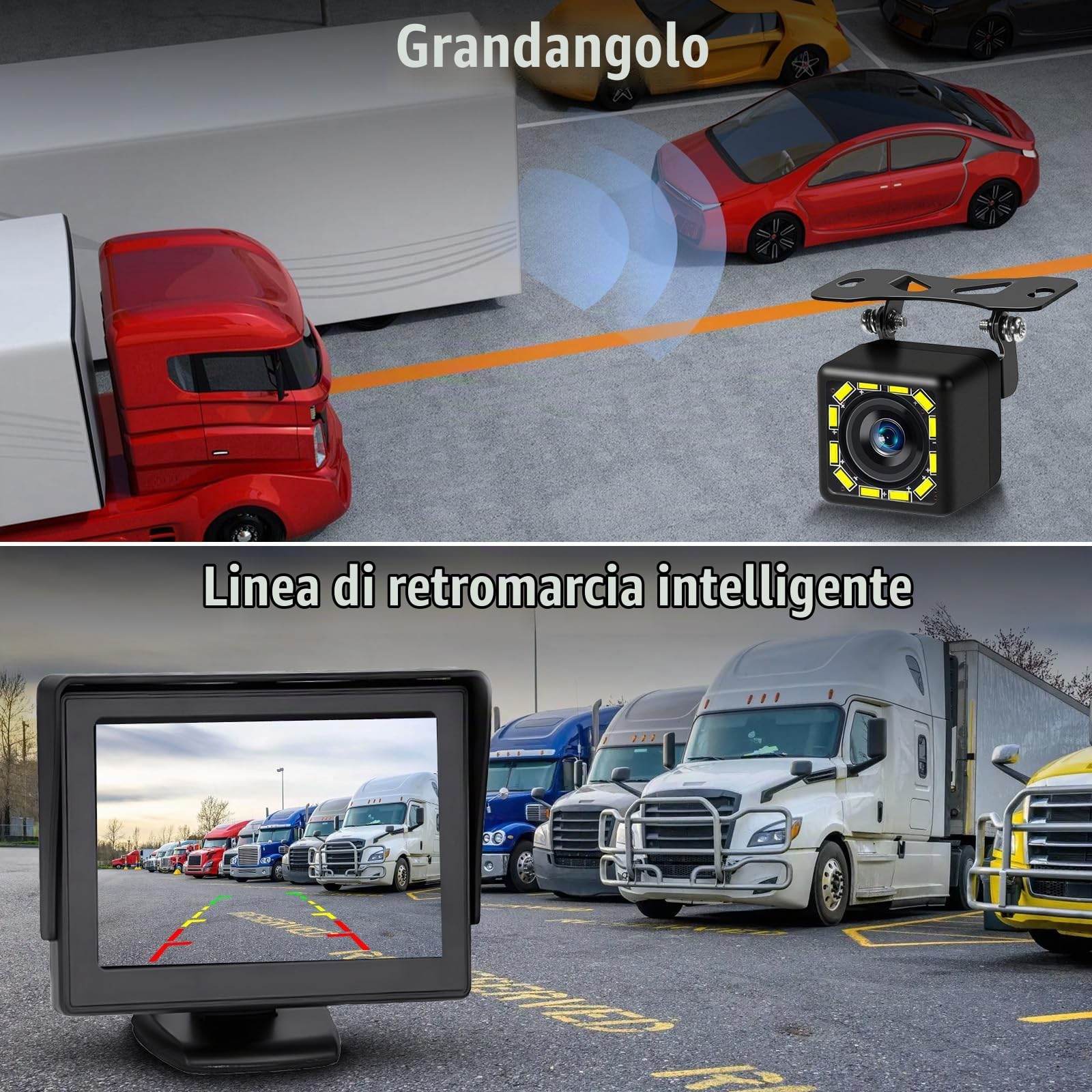 4.3" Telecamera di Retromarcia Auto con LCD Monitor per RV SUV Pickups LKW | Telecamera di Retromarcia Kit con Visione Notturna IP66 Impermeabile con 33FT Cavo 12LED Impermeabile Cablata