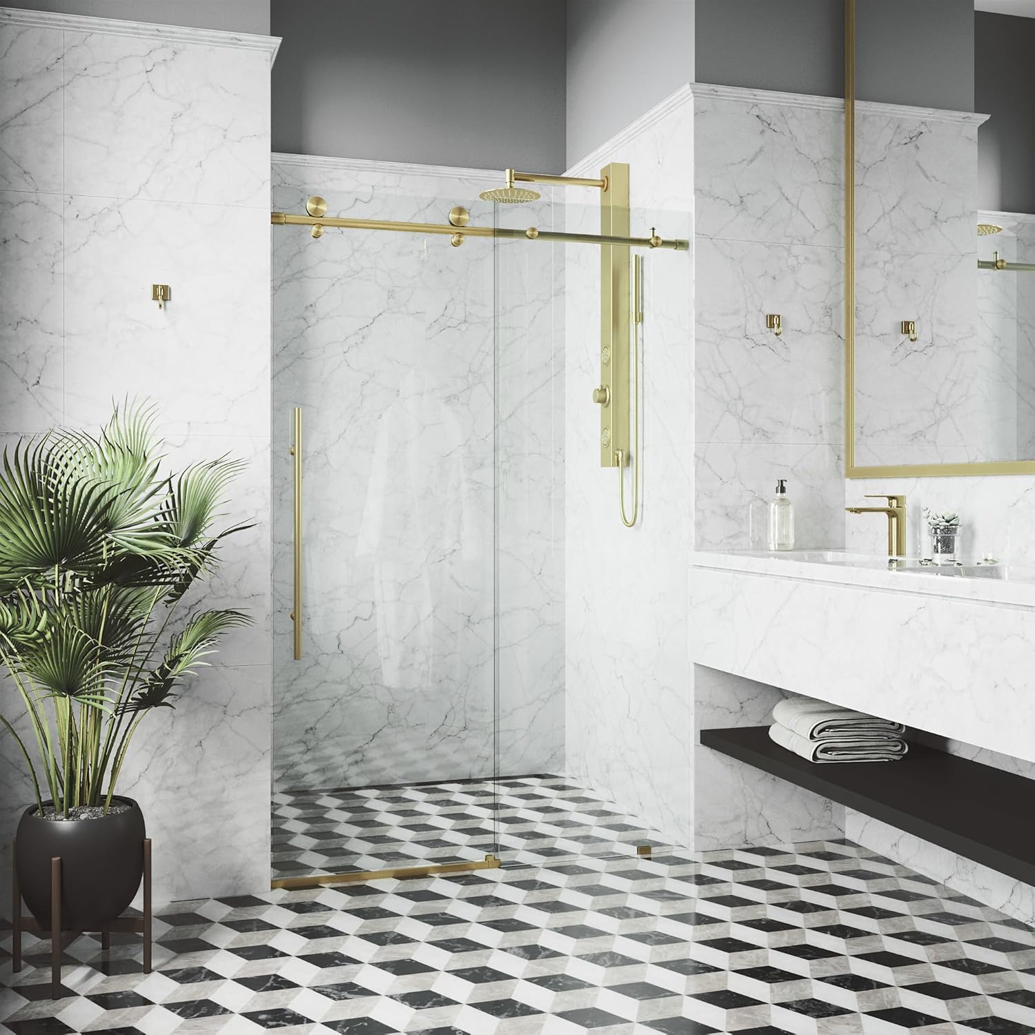 VIGO Elan E-Class 44 to 48 in. W x 76 in. H Frameless Sliding Shower Door in Matte Brushed Gold with 3/8 in. Clear Glass-VG6021MGCL4876