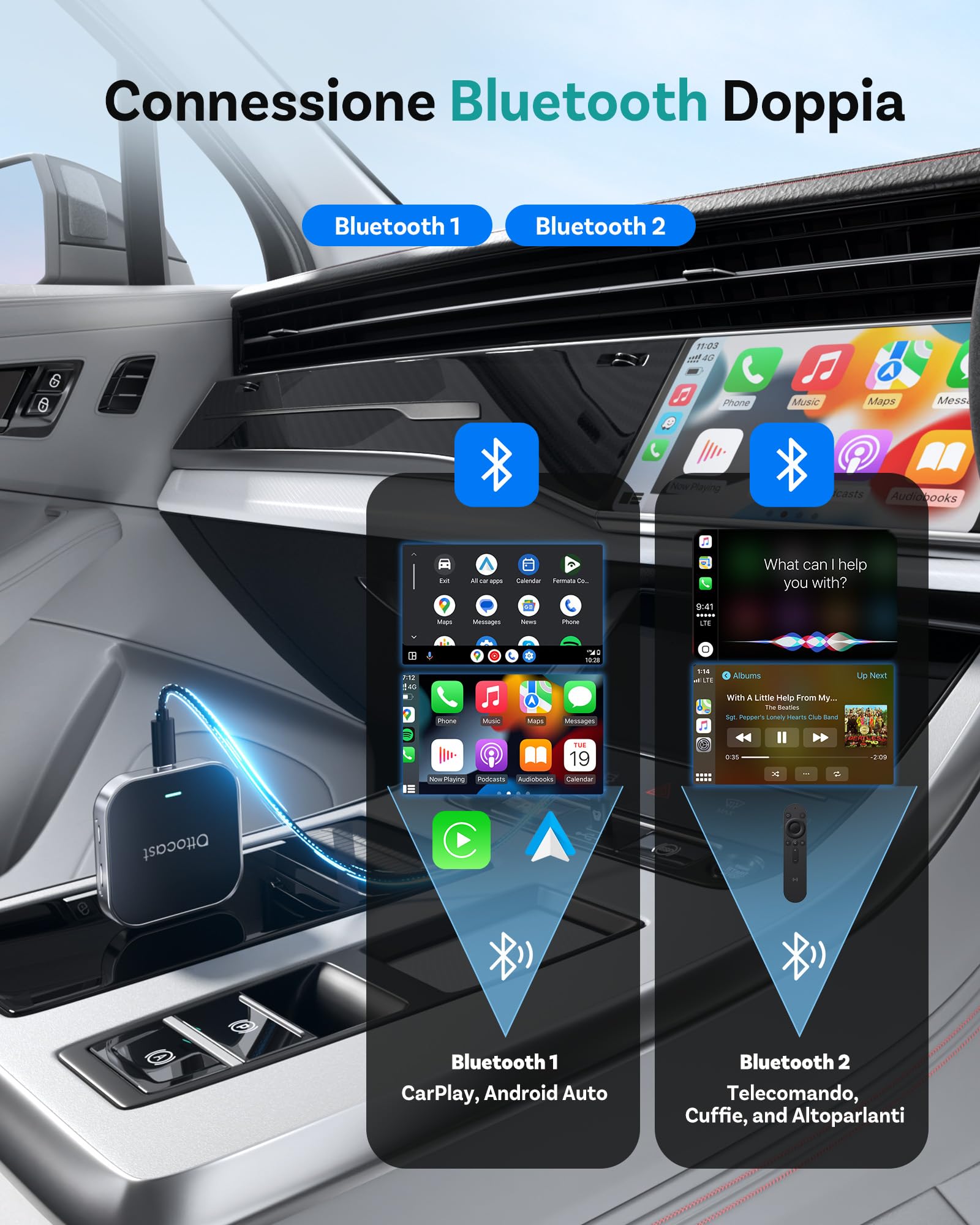 OTTOCAST OttoAibox E2 2026 AI Box, 3-in-1 CarPlay e Android Auto Wireless Android 13 Streaming Box, Adattatore CarPlay Wireless Dual WiFi, Schermo Diviso, Bluetooth 5.0, Aggiornamento FOTA