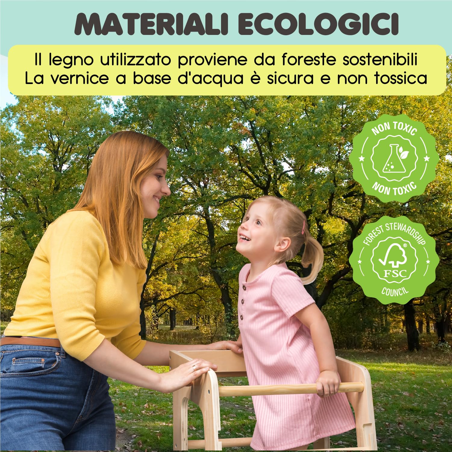 Torre Montessoriana bambini legno naturale 3 livelli Antiscivolo Anti ribaltamento Doppia barra sicurezza CE