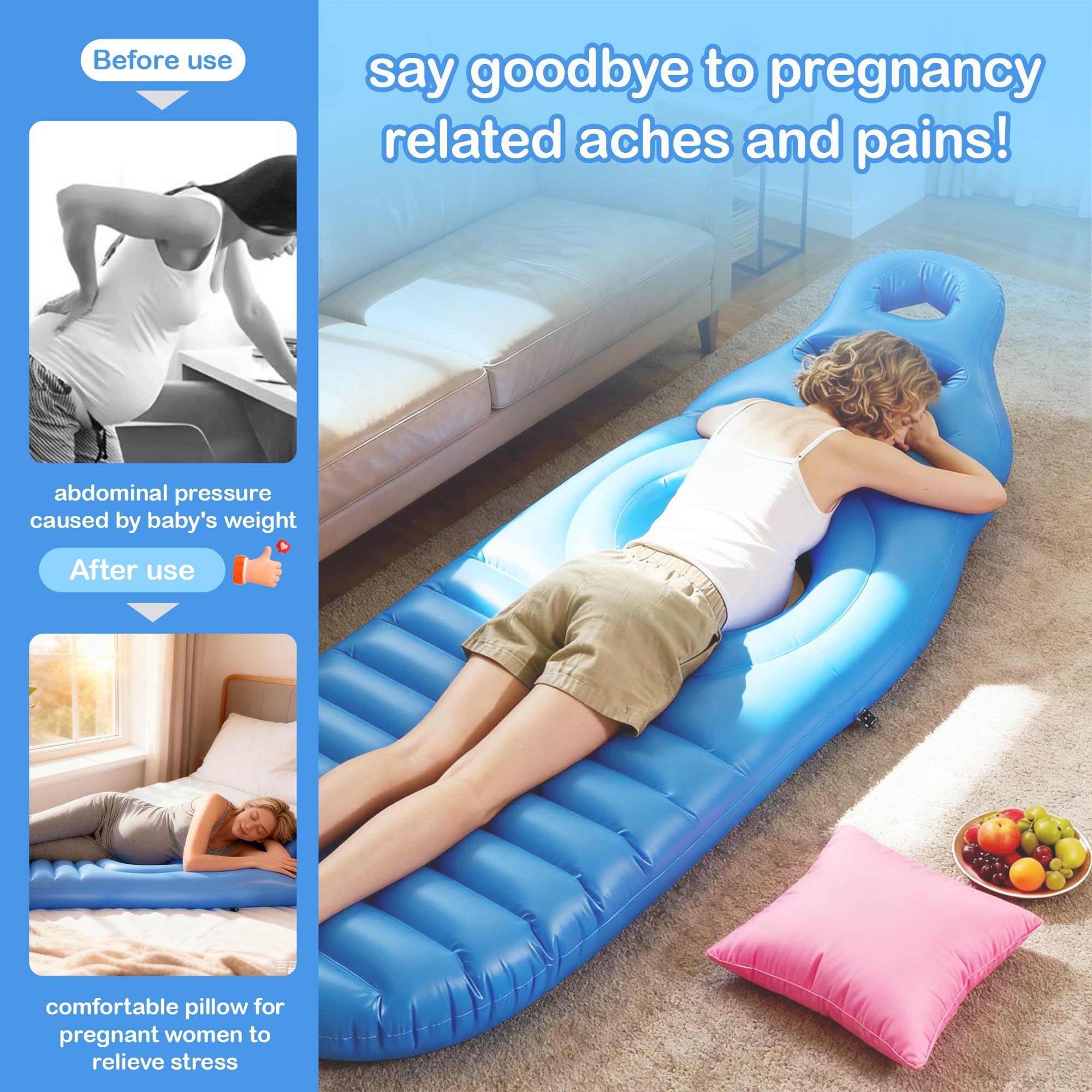 Cuscino gonfiabile per la gravidanza, materasso gonfiabile in PVC perforato, materassino per sdraiarsi sulla pancia, galleggiante per chi dorme a pancia in giù (con pompa) (Blue)
