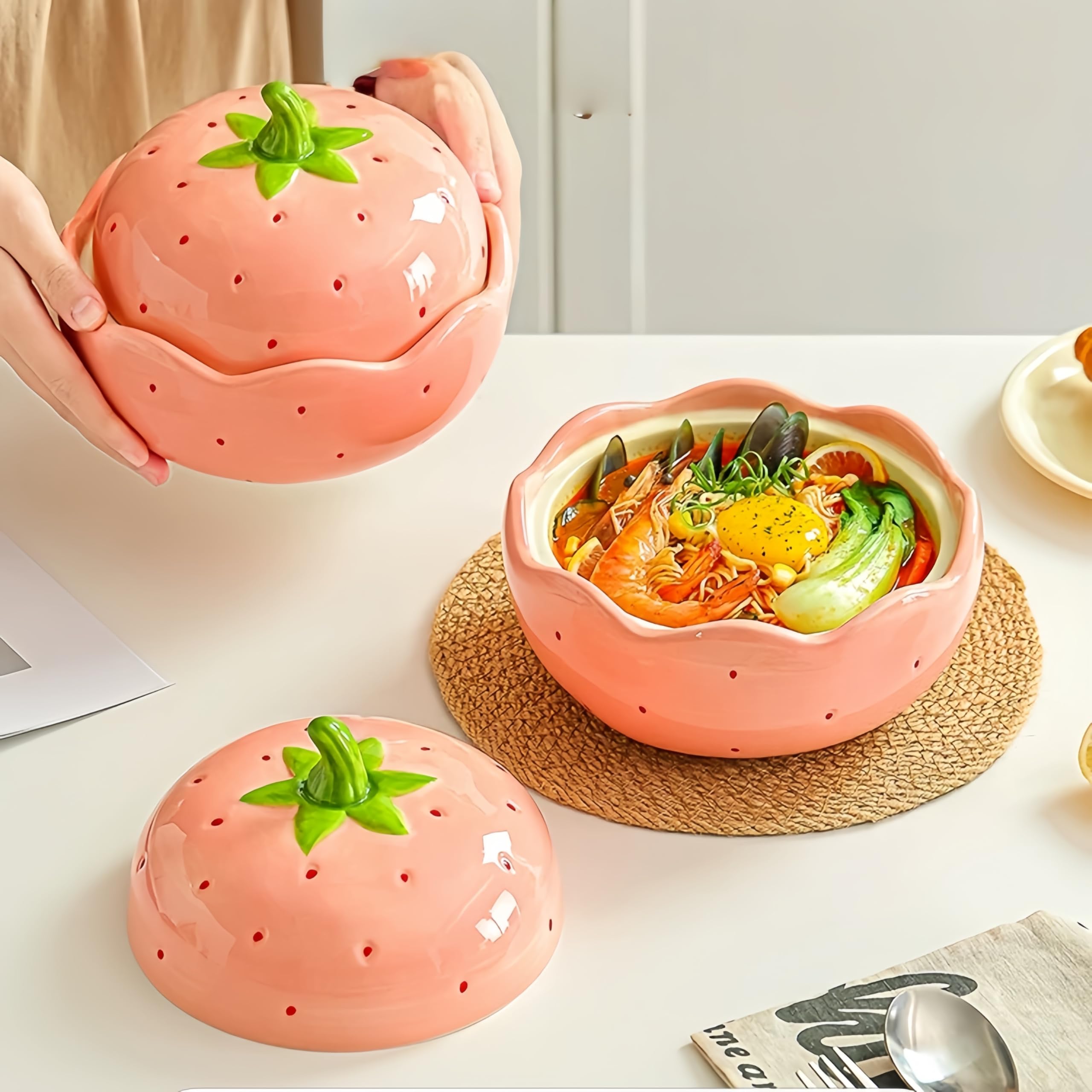 Urocza ceramiczna miska ramen z pokrywką, 590 ml, zabawny pojemnik na żywność na zupę, sałatkę, przekąski, świetny prezent dla miłośników jedzenia (6)