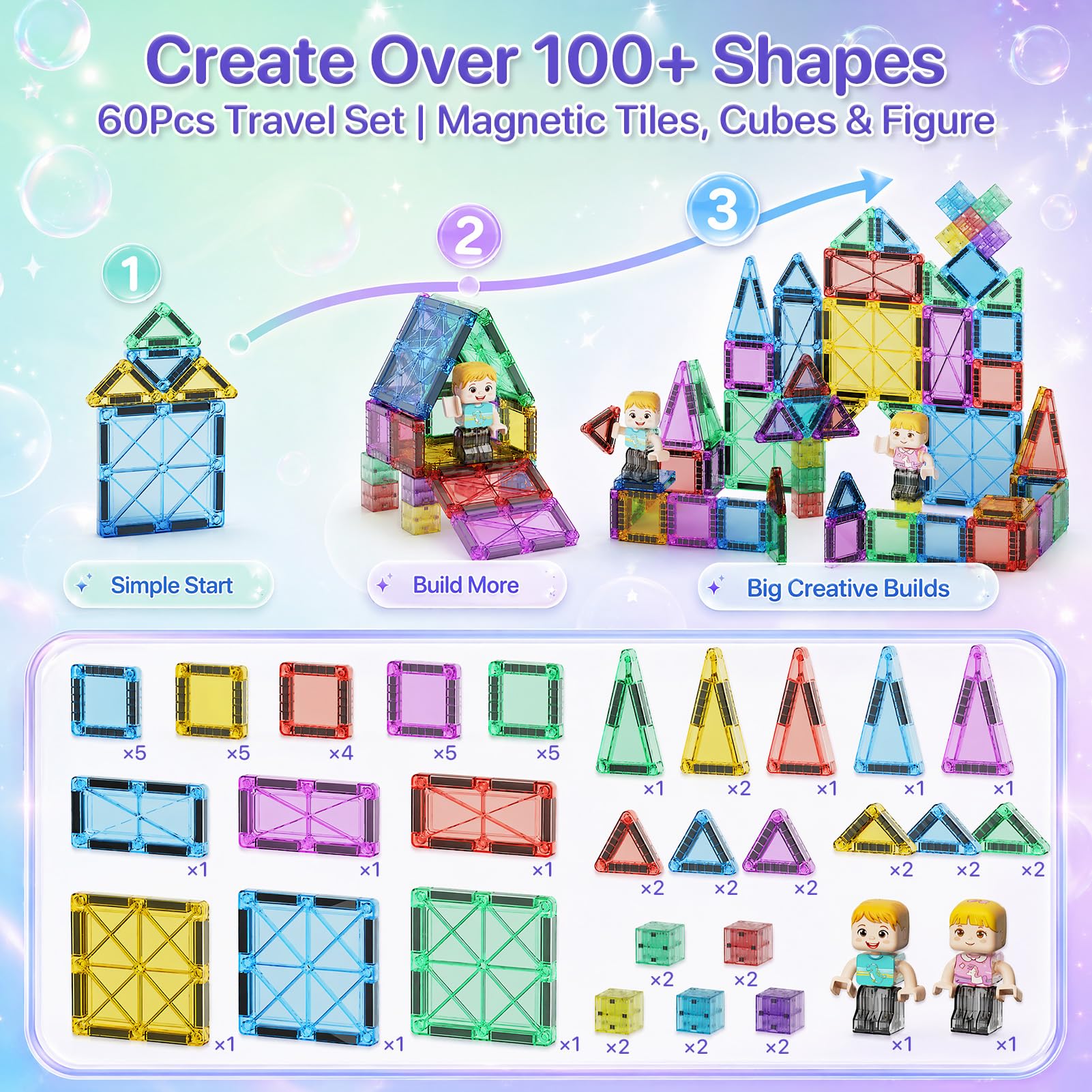 Set da viaggio con 60 mattoncini magnetici per bambini dai 3