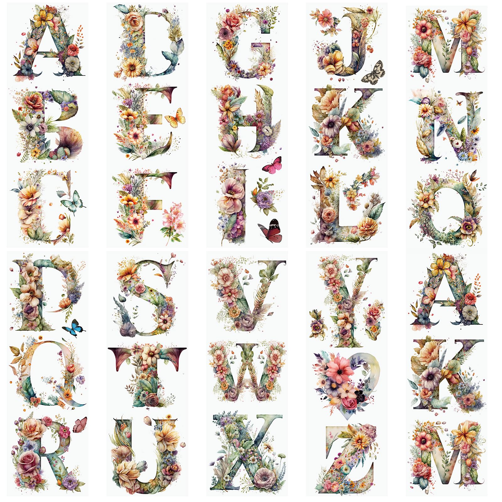 WANDIC 10 Sheets English Alphabet Flowers Rub On Transfer Stickers Furniture Decals Waterproof Stickers for DIY Crafts Present Bouquet Decoration, 10 * 30cm