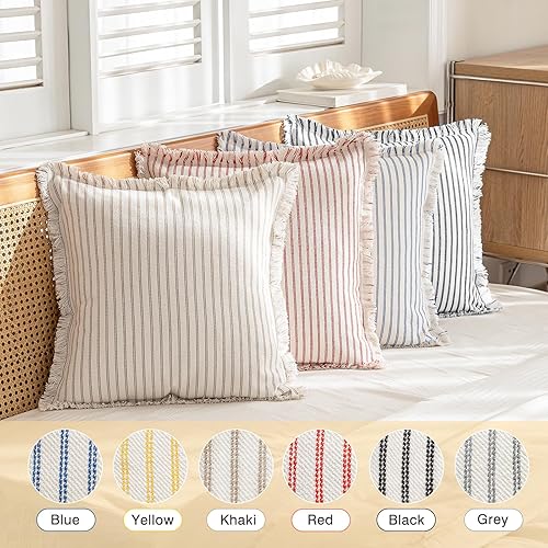 Miniatura 5 de YEENAASY Juego de 2 fundas de almohada a rayas de 20 x 20 pulgadas, fundas de almohada bohemias con borlas de flecos, almohadas decorativas de