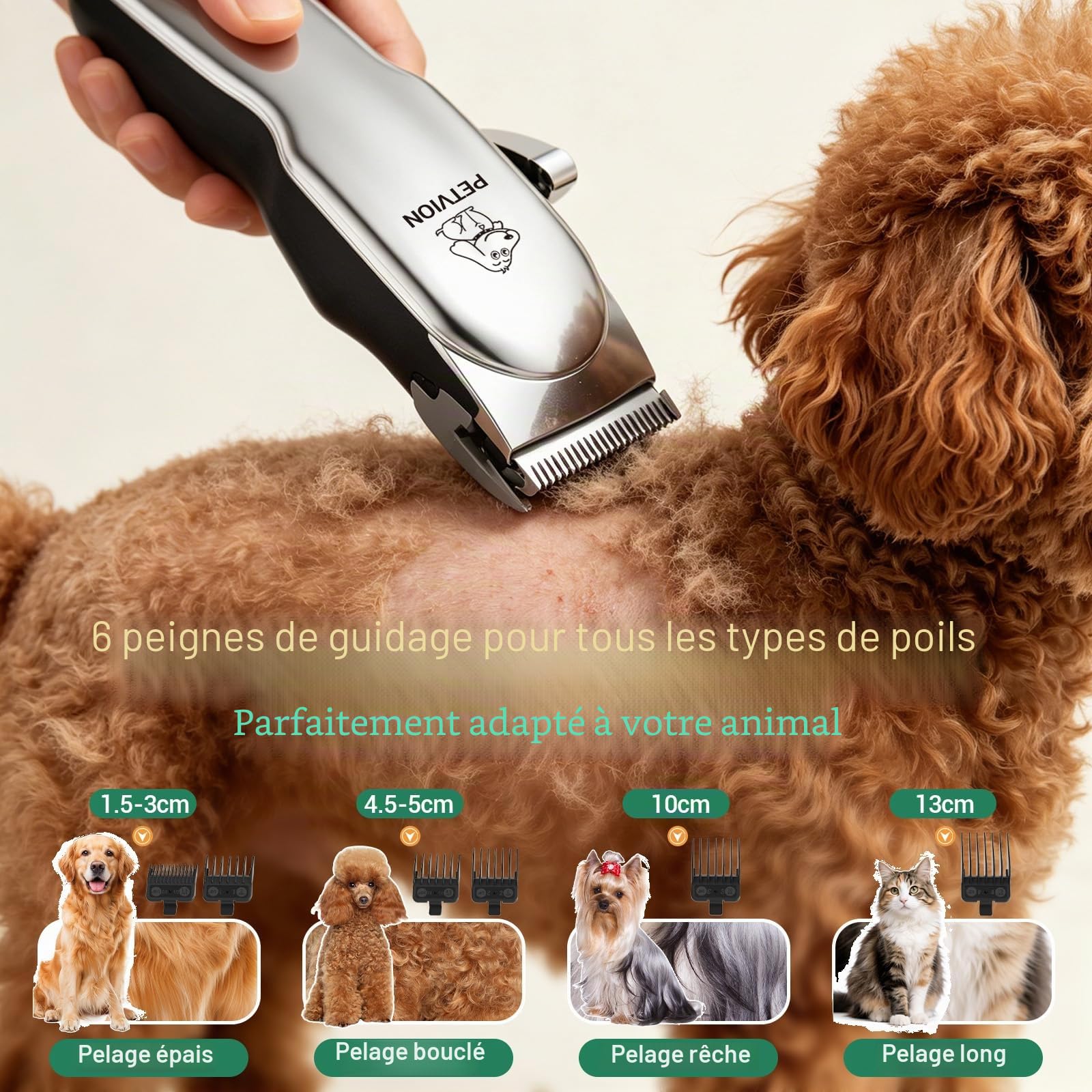 Tondeuse Chien Professionnelle Tranchant 7 000 tr/min Tondeuse de Toilettage Sans Fil Étanche IPX7 avec Écran LED Faible Bruit et Charge USB et 6 Sabots pour Poils Longs Frisés et Épais