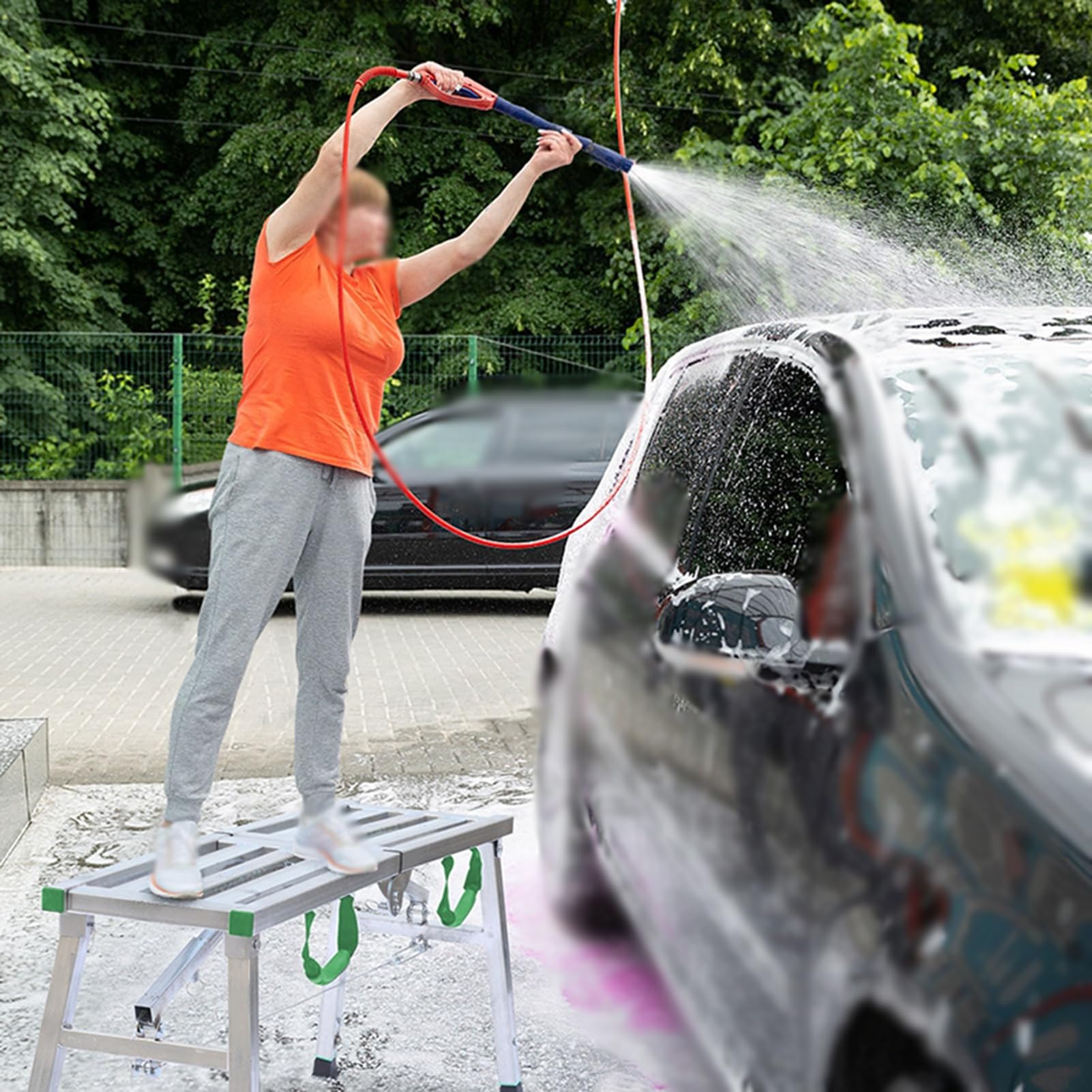 Andamio de Plataforma de Trabajo Alto con Escalera para Lavado de Autos Andamio de Acero galvanizado Ajustable con Patas y Tablas estables Ideal para grafitis en Paredes de mampostería 1,4 m
