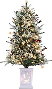 Christmas Tree, 3 Ft Pre-Lit Artificial Christmas Trees with Potted Base, Snow Flocked Small Christmas Tree with 70 Lights, Christmas Decoration, Battery Operated Timer Function