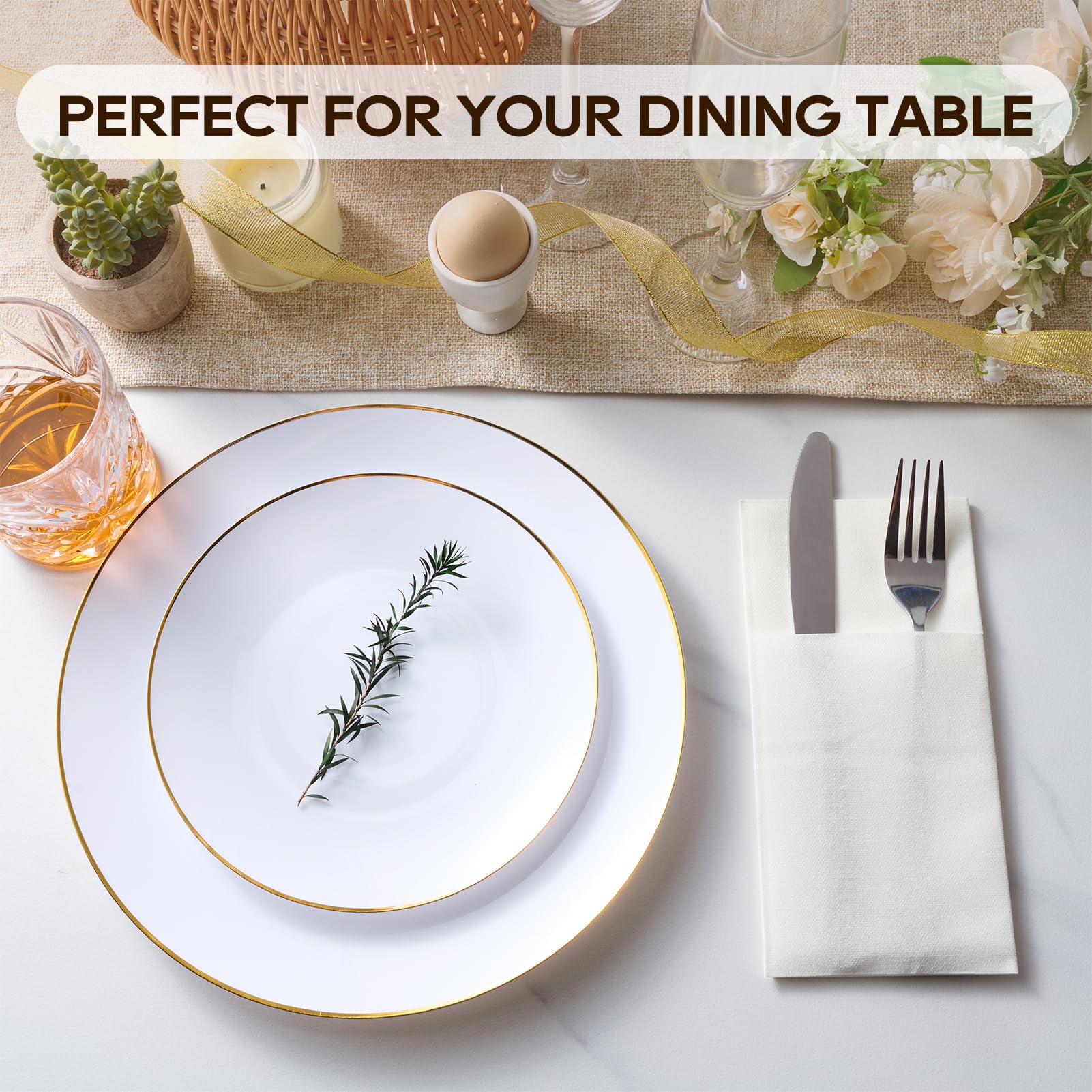 FOCUSLINE 200 servilletas desechables como servilletas, bolsillo integrado para cubiertos, servilletas de papel preplegadas blancas, servilletas de cena con tacto de lino para bodas, fiestas o eventos
