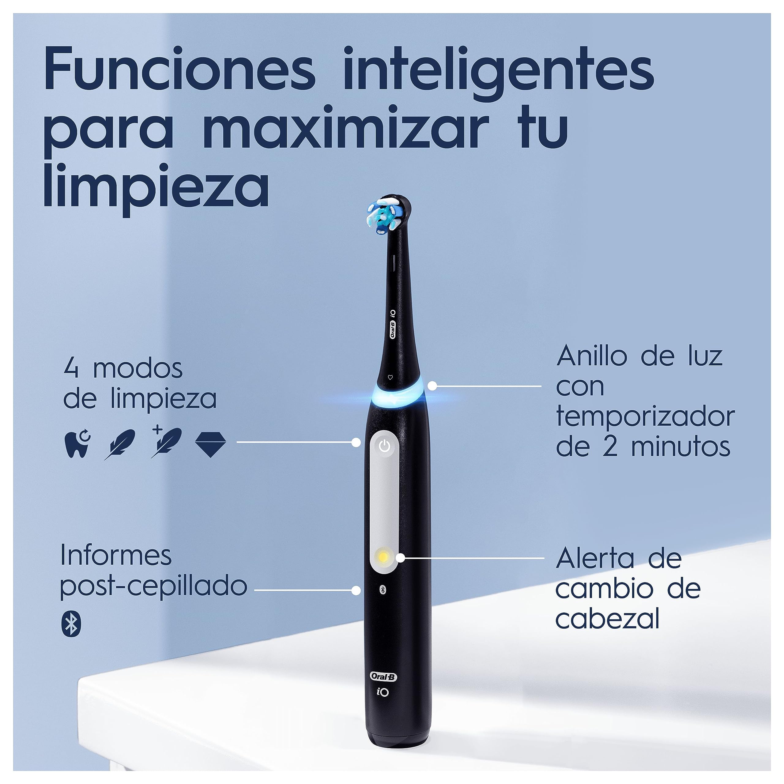 Oral-B iO 4 Cepillo de Dientes Eléctrico con Mango Recargable, 3 Cabezales y Estuche de Viaje, Diseñado por Braun, Regalos Originales para Mujer y Hombre - Negro